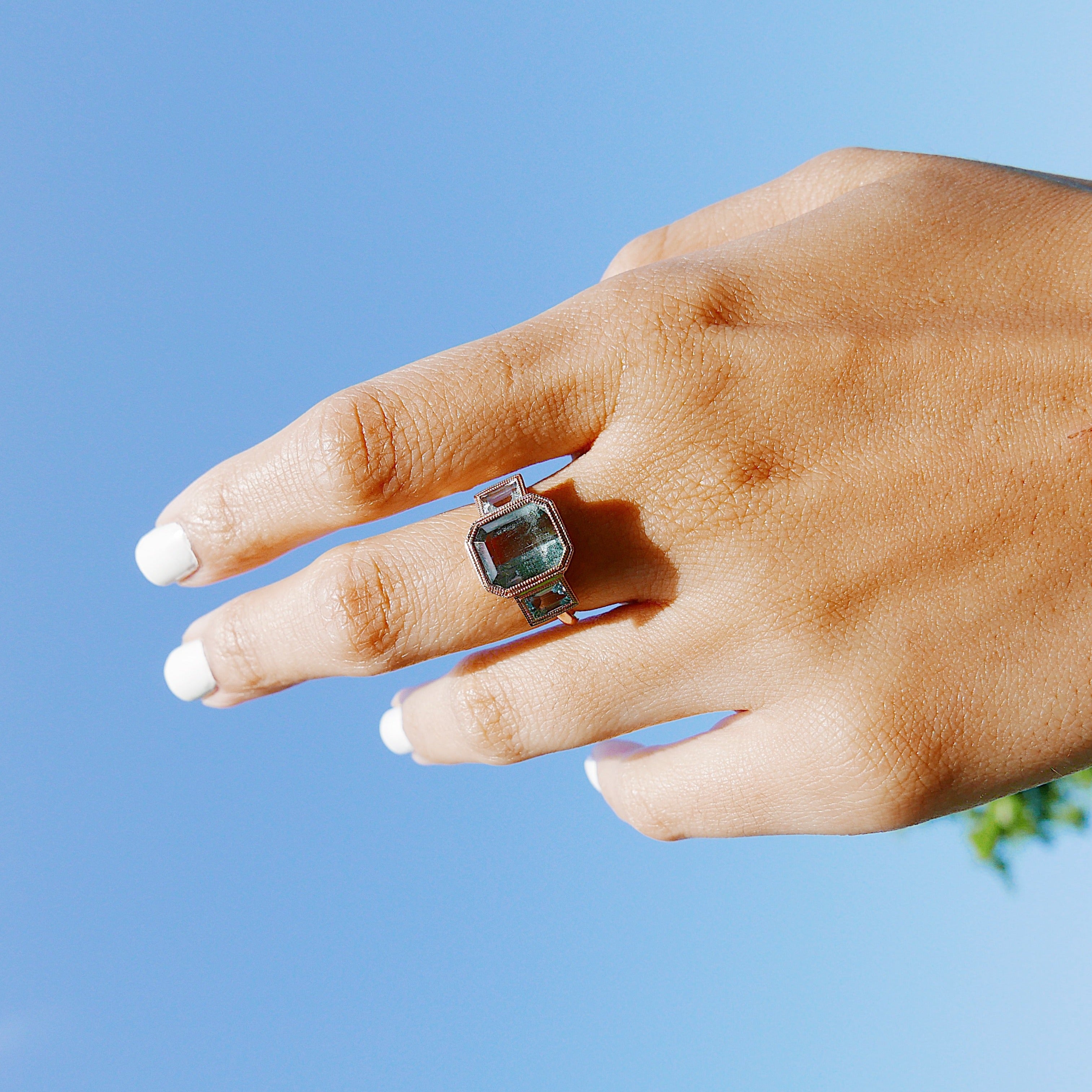 Charlotte Three Stone Seafoam Bi Color Tourmaline Ring