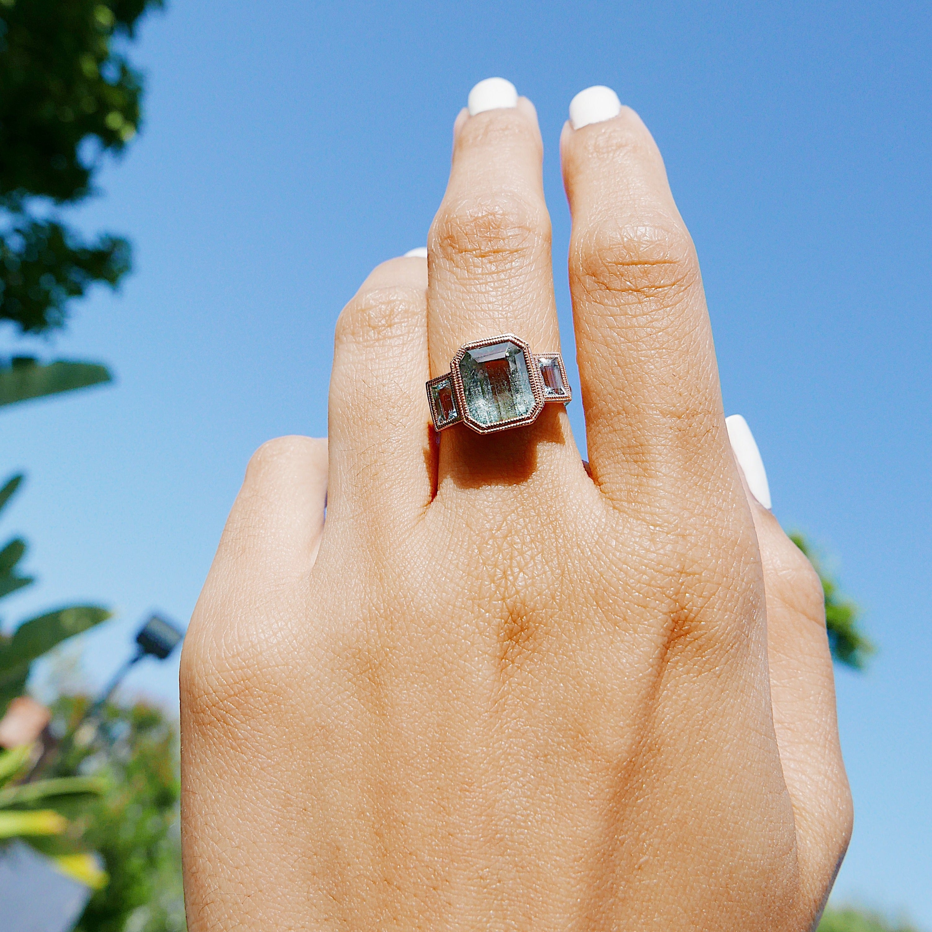 Charlotte Three Stone Seafoam Bi Color Tourmaline Ring