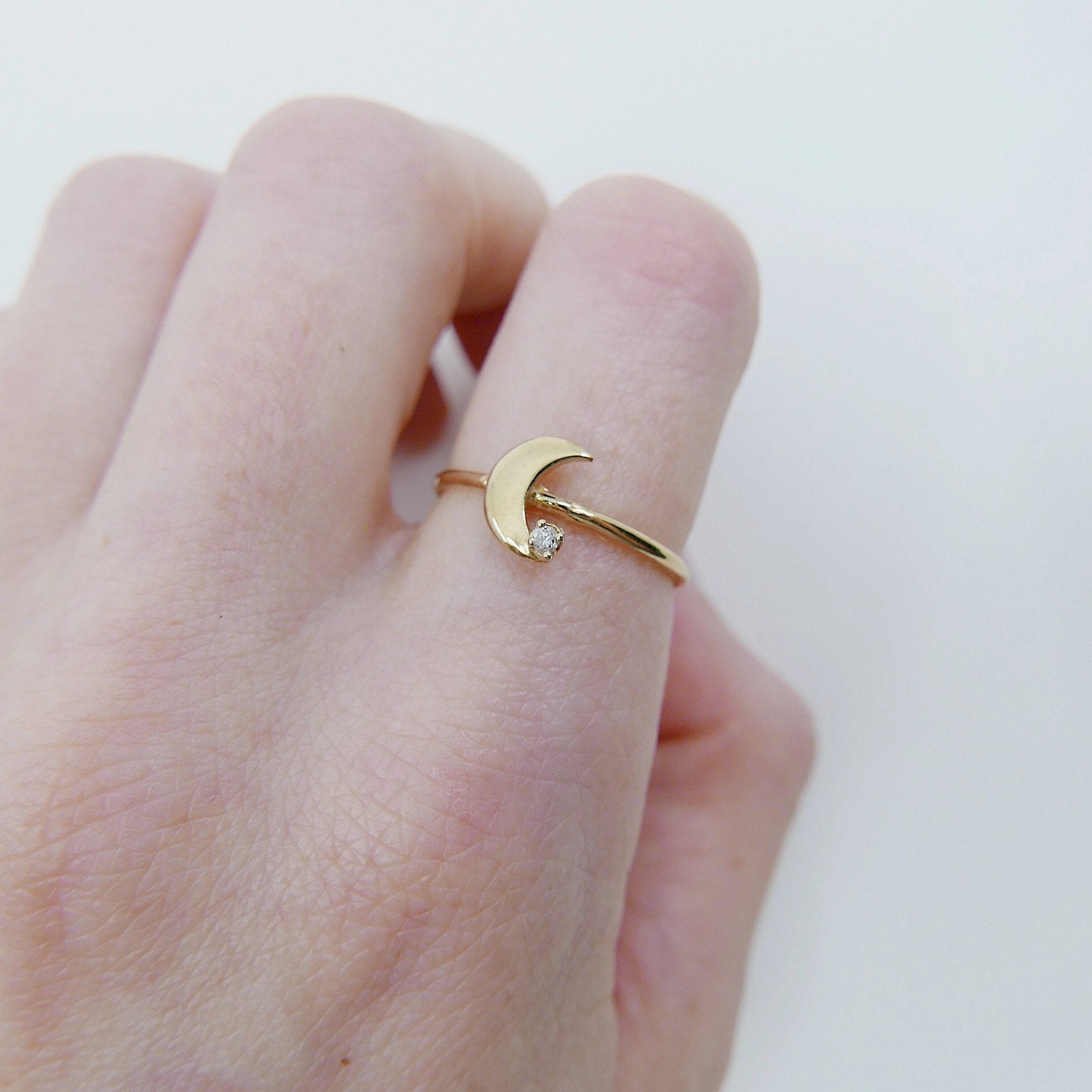 Crescent Moon ring, 14k moon and star ring, moon and diamond ring, crescent ring, 14k gold crescent moon ring, diamond ring