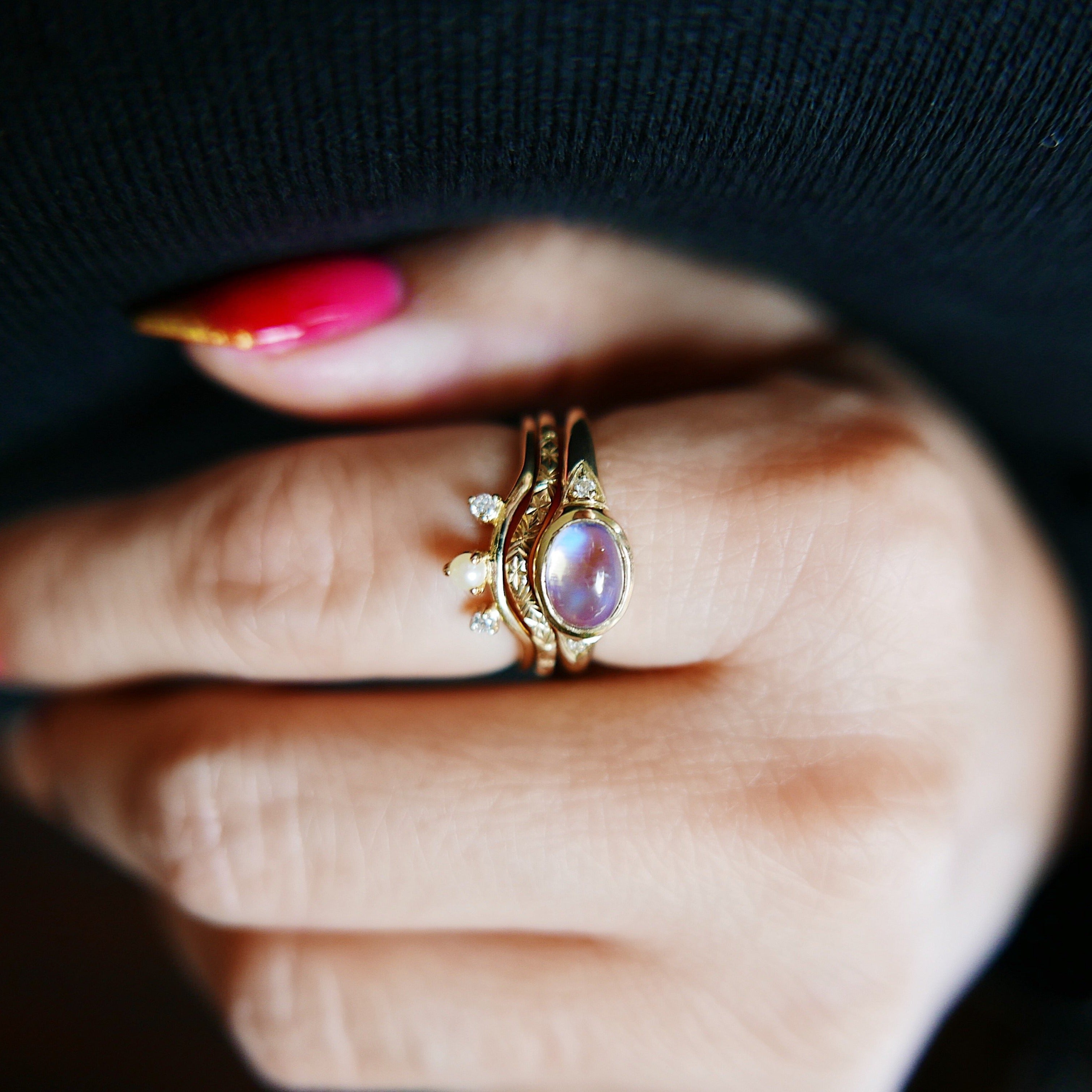 Moonstone Signet Arc Ring Stack Moonstone Signet Ring Chevron Arc Ring Scattered Nesting Pearl Ring   