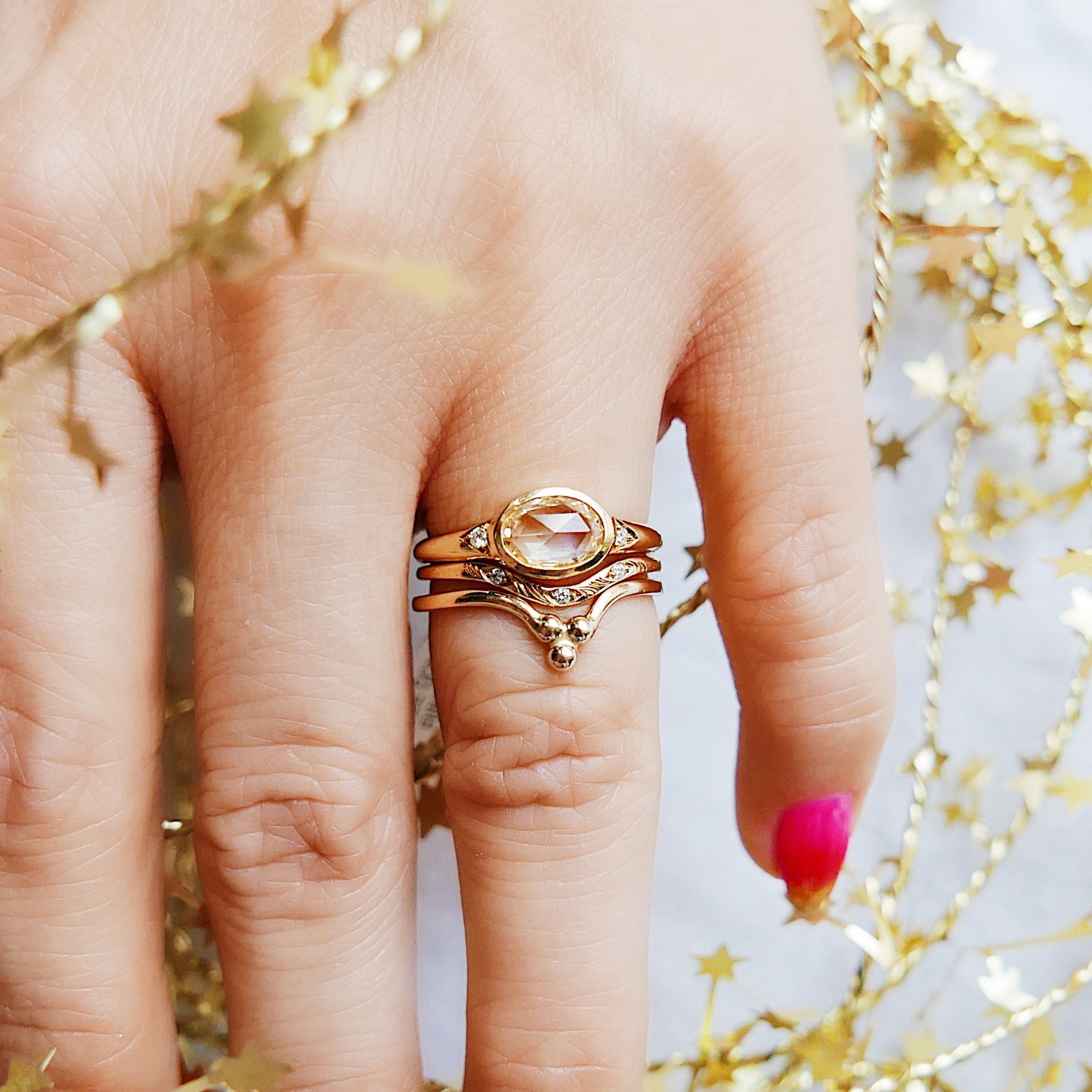 Radiating Rose Cut Sapphire Ring Set Rose Cut Sapphire Signet Ring Plume Diamond Arc Ring Three Dot Ring