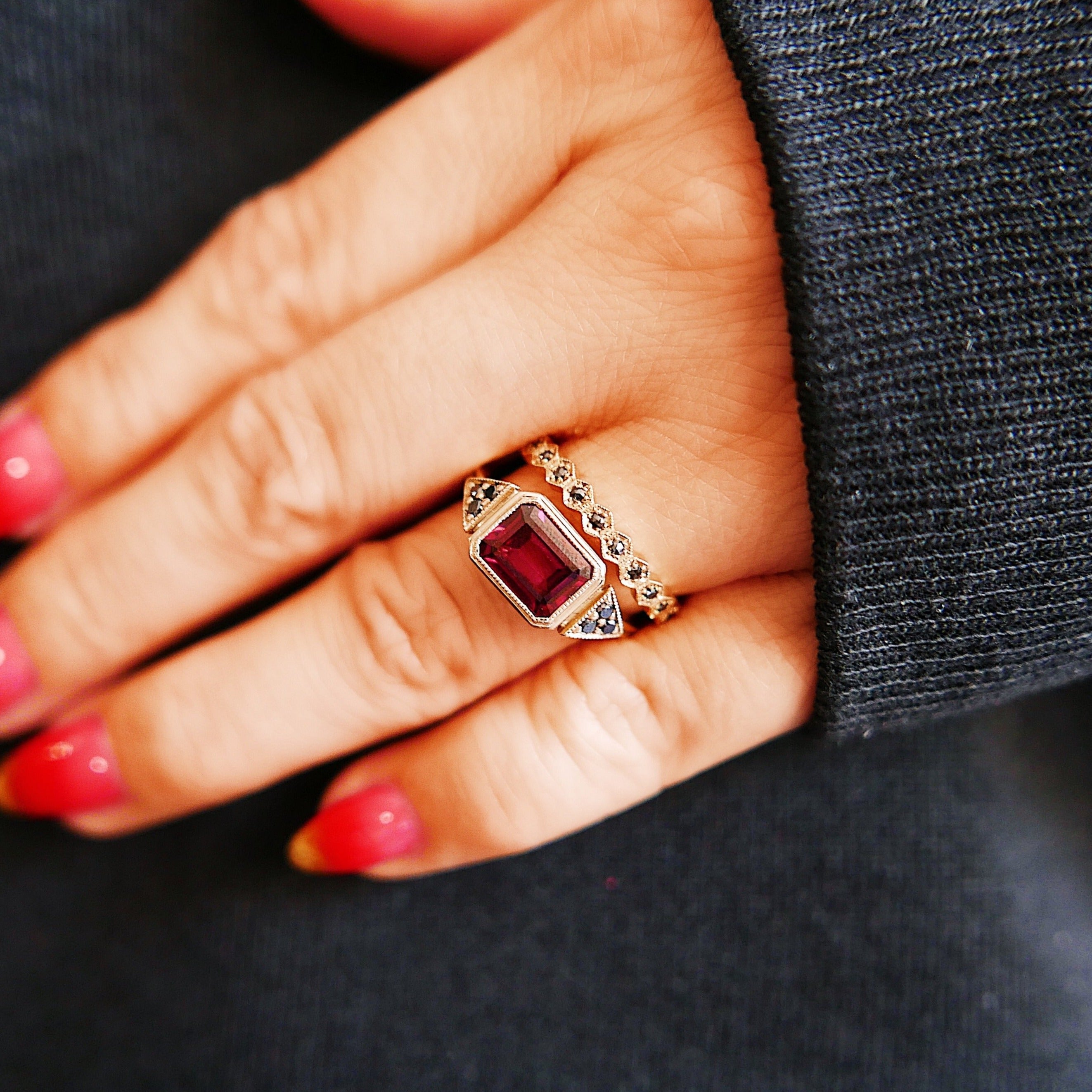 Cadence Garnet Ring Hexagon Black Ring 