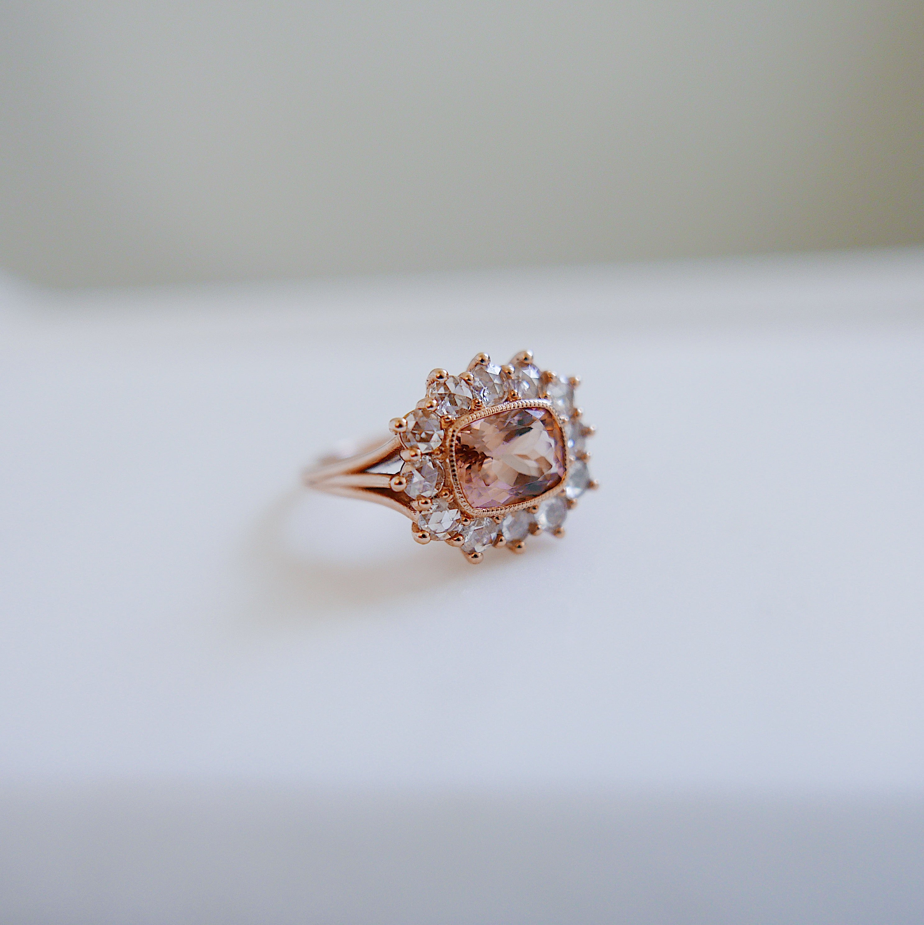 Peaches and Cream One of a Kind Tourmaline and rosecut diamond ring