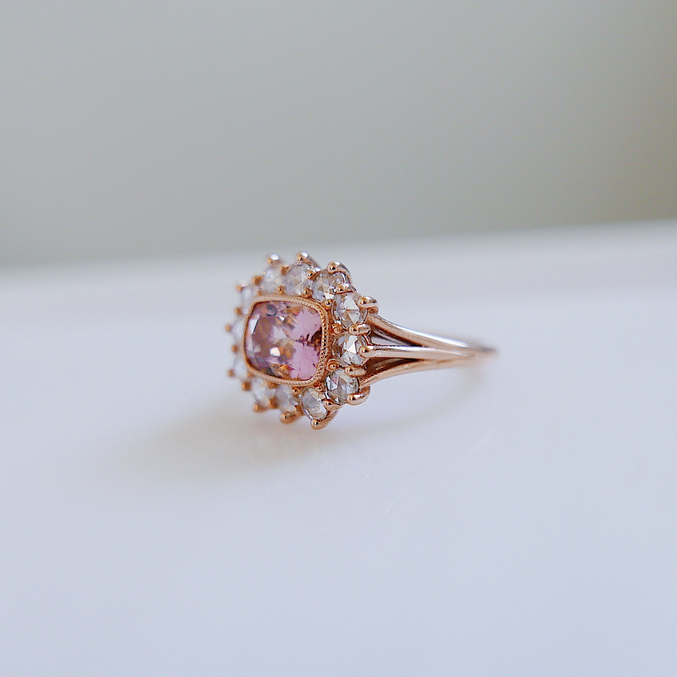 Peaches and Cream One of a Kind Tourmaline and rosecut diamond ring