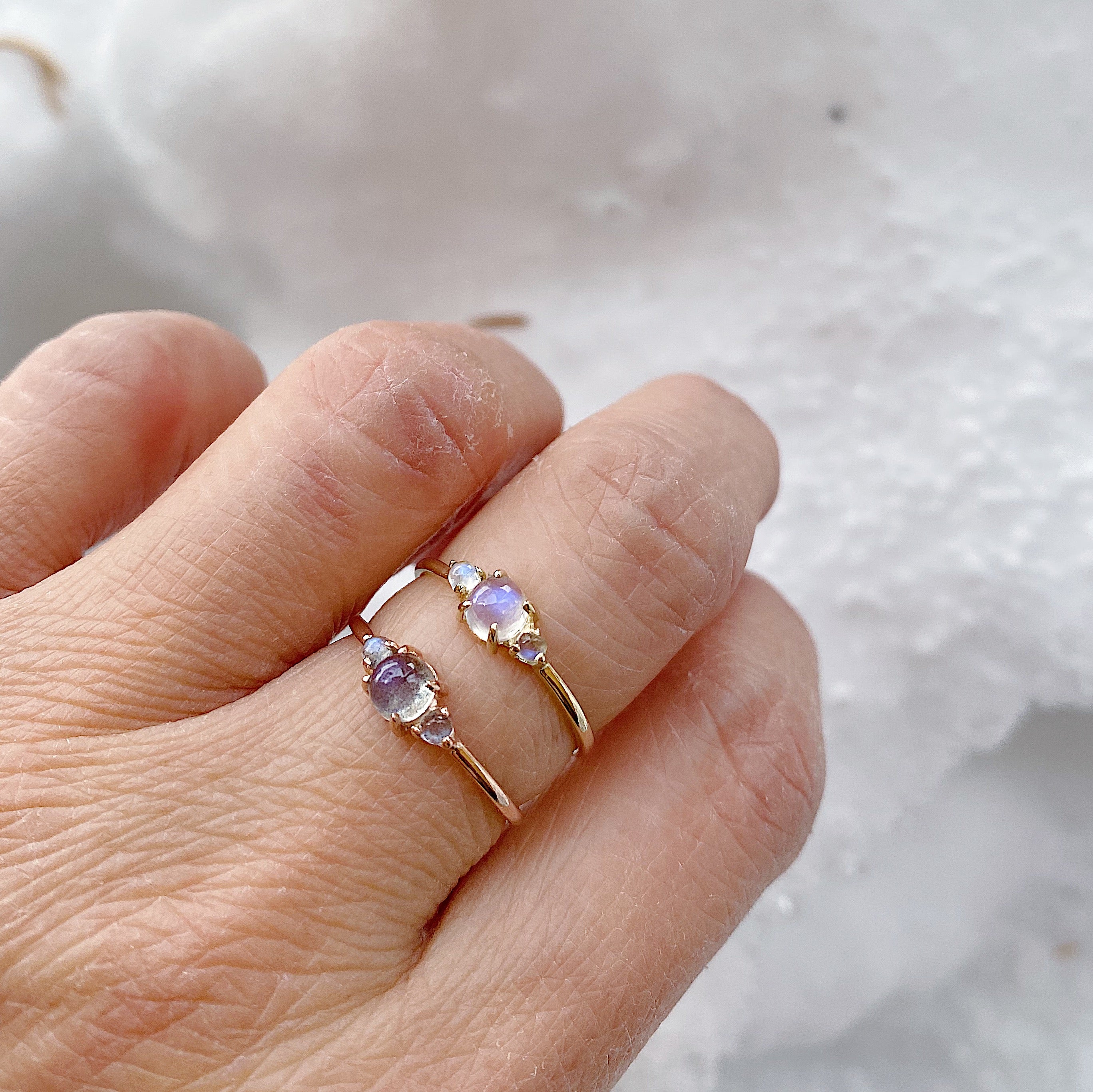 three stone ring  stacking ring  Rings  rainbow moonstone  Multi-Stone Rings  moonstone wedding  moonstone ring  moonstone  mgj  mason grace jewelry  mason grace  jewelry  gold moonstone  fine jewelry  Engagement ring  dainty ring  Classic ring  Blue Stone Ring  birthstone ring  aquamarine ring