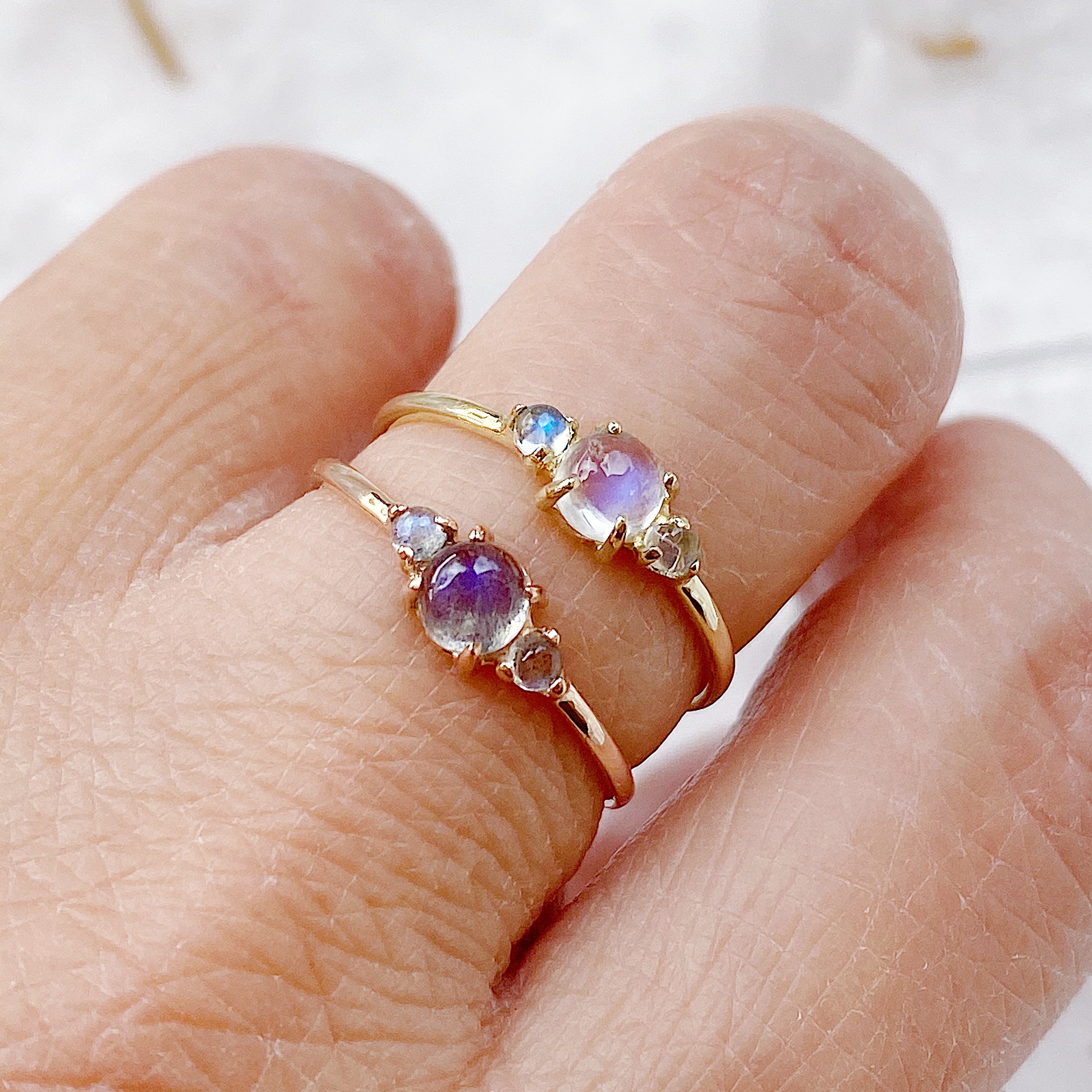 three stone ring  stacking ring  Rings  rainbow moonstone  Multi-Stone Rings  moonstone wedding  moonstone ring  moonstone  mgj  mason grace jewelry  mason grace  jewelry  gold moonstone  fine jewelry  Engagement ring  dainty ring  Classic ring  Blue Stone Ring  birthstone ring  aquamarine ring