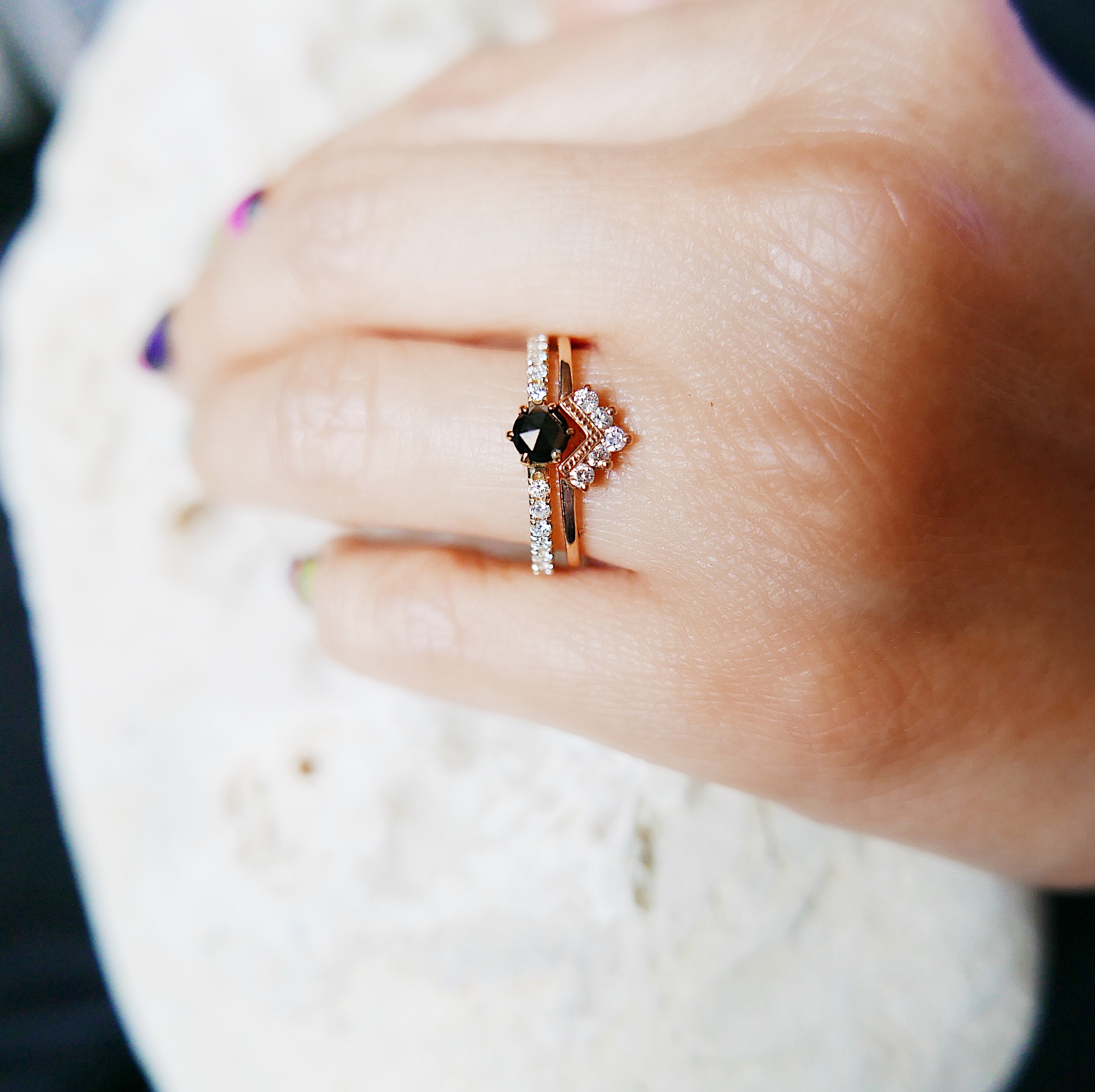 Rose Cut Black Diamond Ring, alternative wedding ring, unique non traditional engagement ring, 14k stacking ring, black & white diamonds