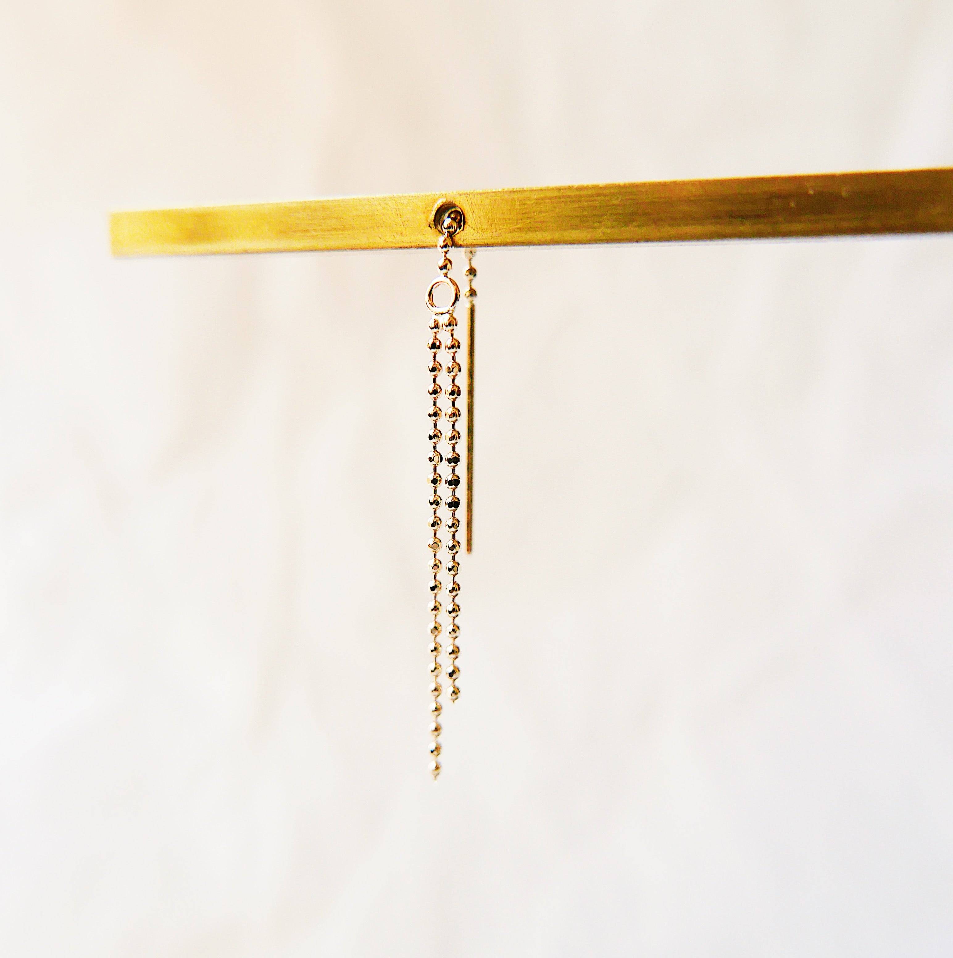 Cascade threader, 14k gold beaded pull through, single gold threader earring, gold beaded earring