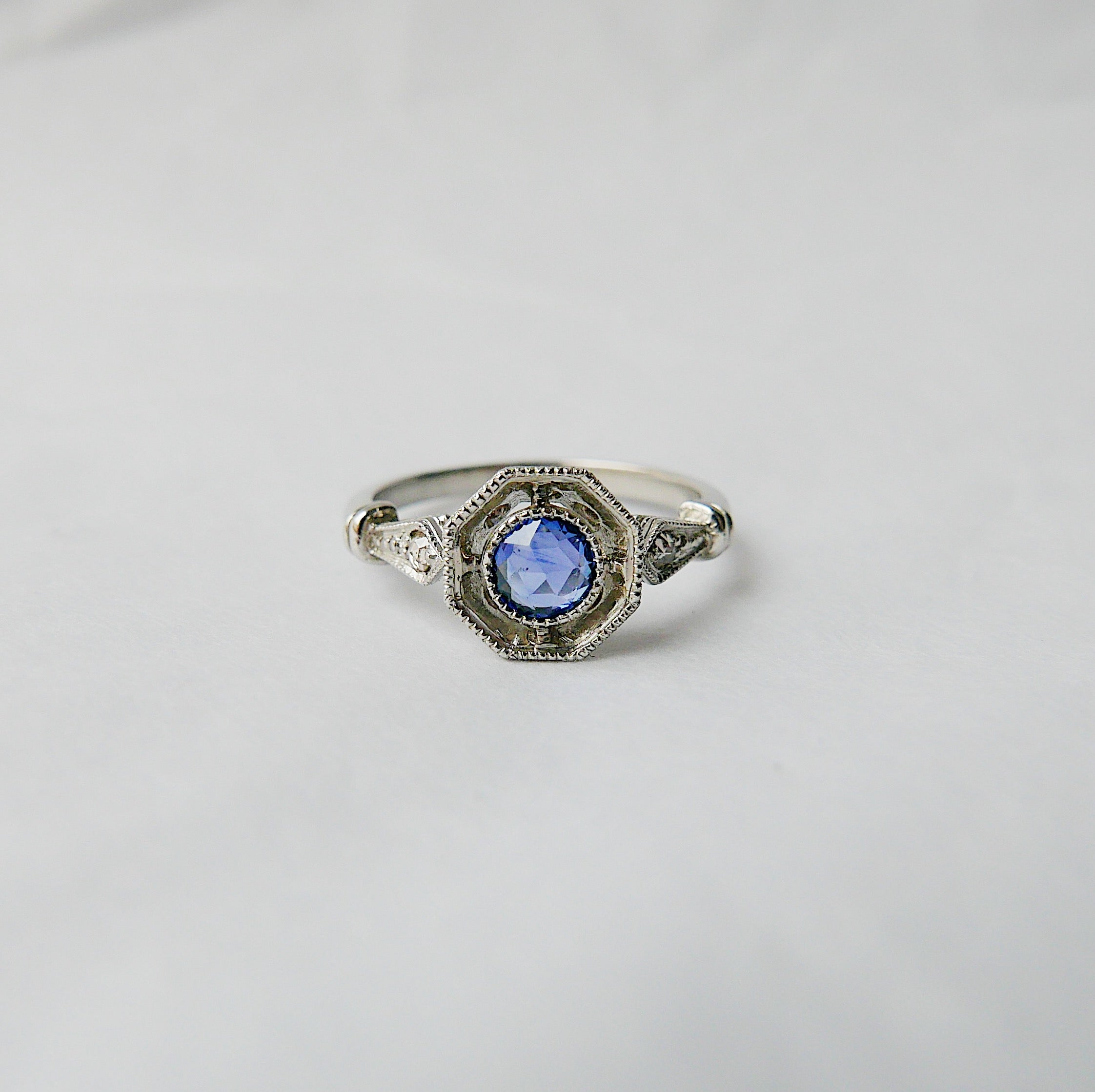 Compass Eloise Rose Cut Blue Sapphire Ring, Platinum ring, vintage inspired ring, sapphire and diamond ring