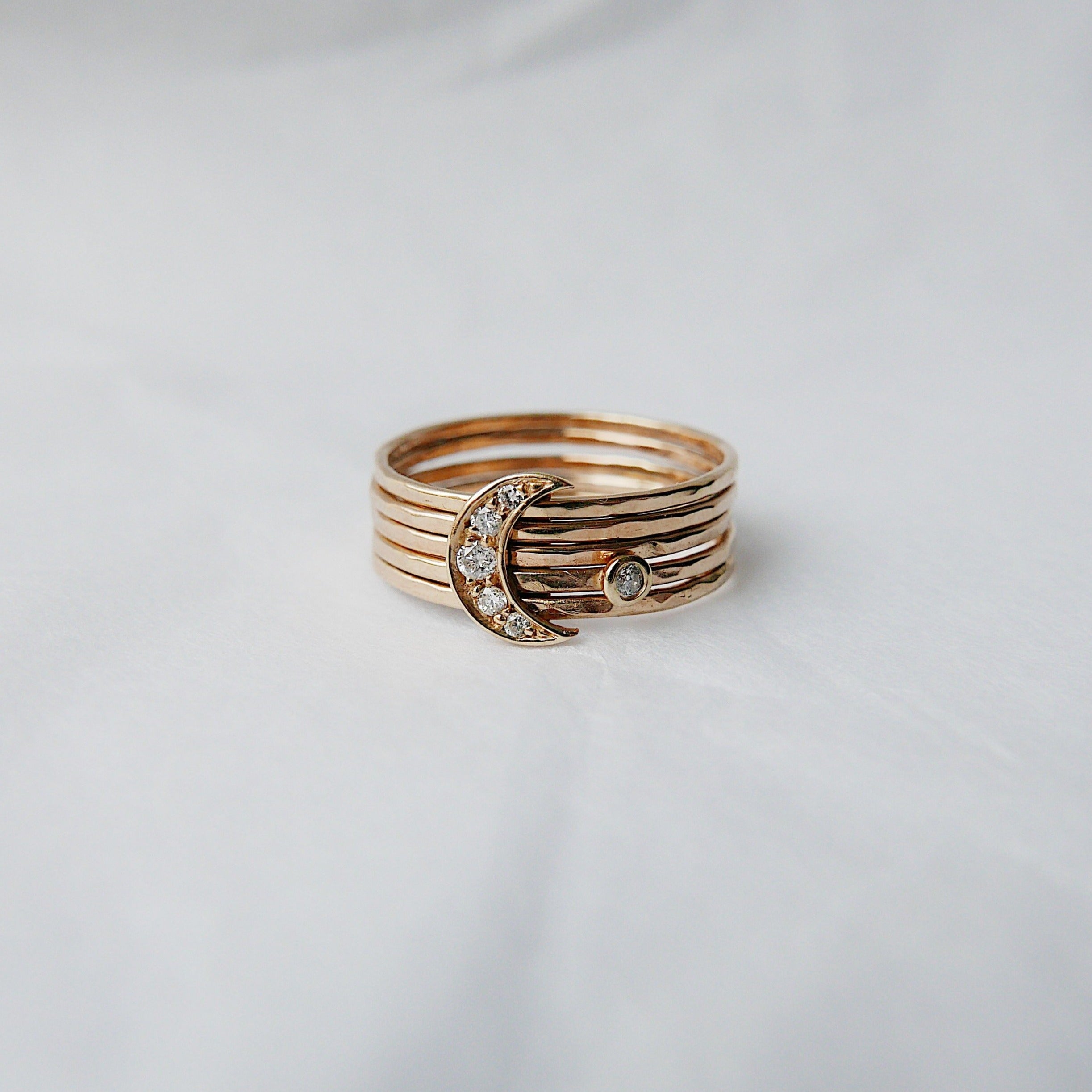 Diamond crescent moon stacking ring, Crescent moon ring set, Moon Rings, Gold Crescent Ring