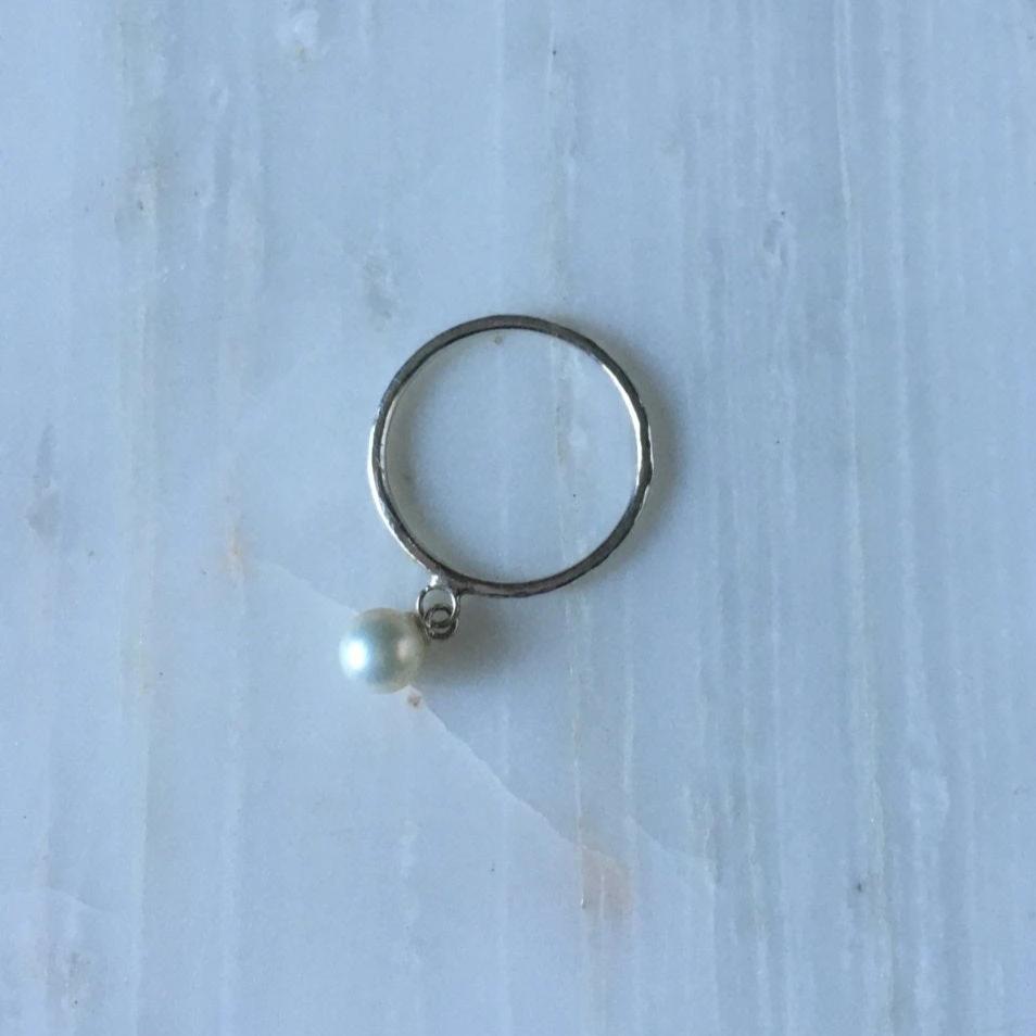 Pearl Charm ring, hanging pearl ring, silver pearl ring, charm ring, dangling pearl ring