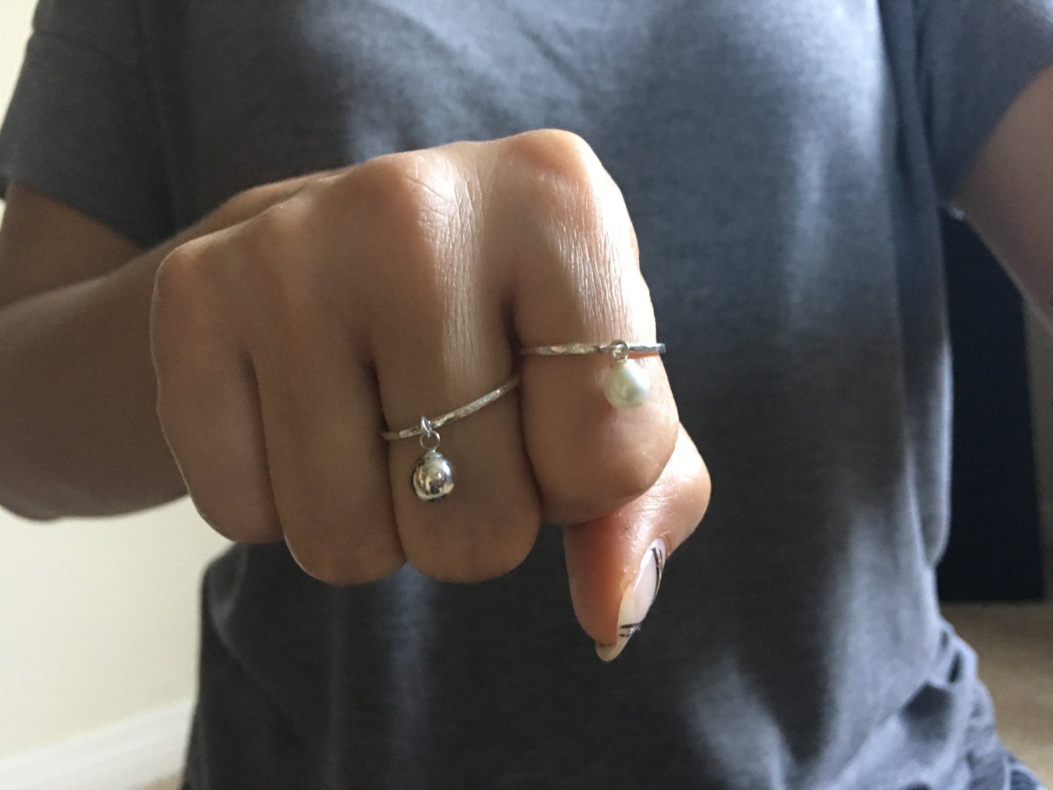 Pearl Charm ring, hanging pearl ring, silver pearl ring, charm ring, dangling pearl ring