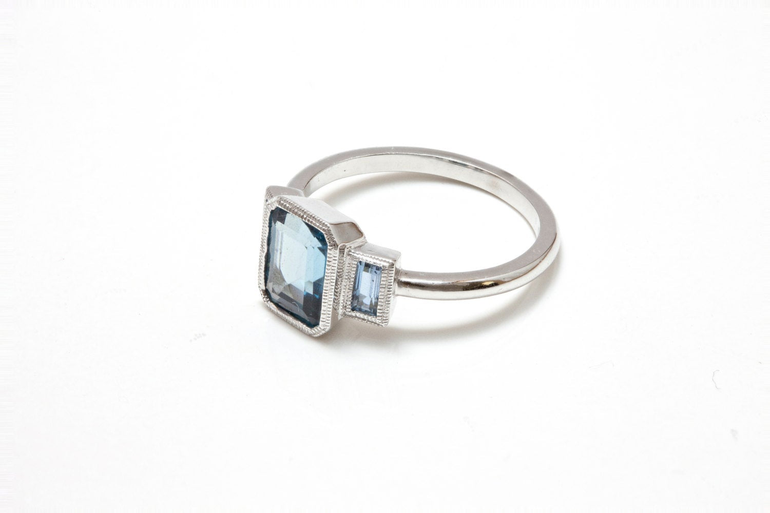 Charlotte Three Stone Ring, emerald cut ring, london blue topaz ring, blue stone wedding ring, classic engagement ring, aquamarine ring