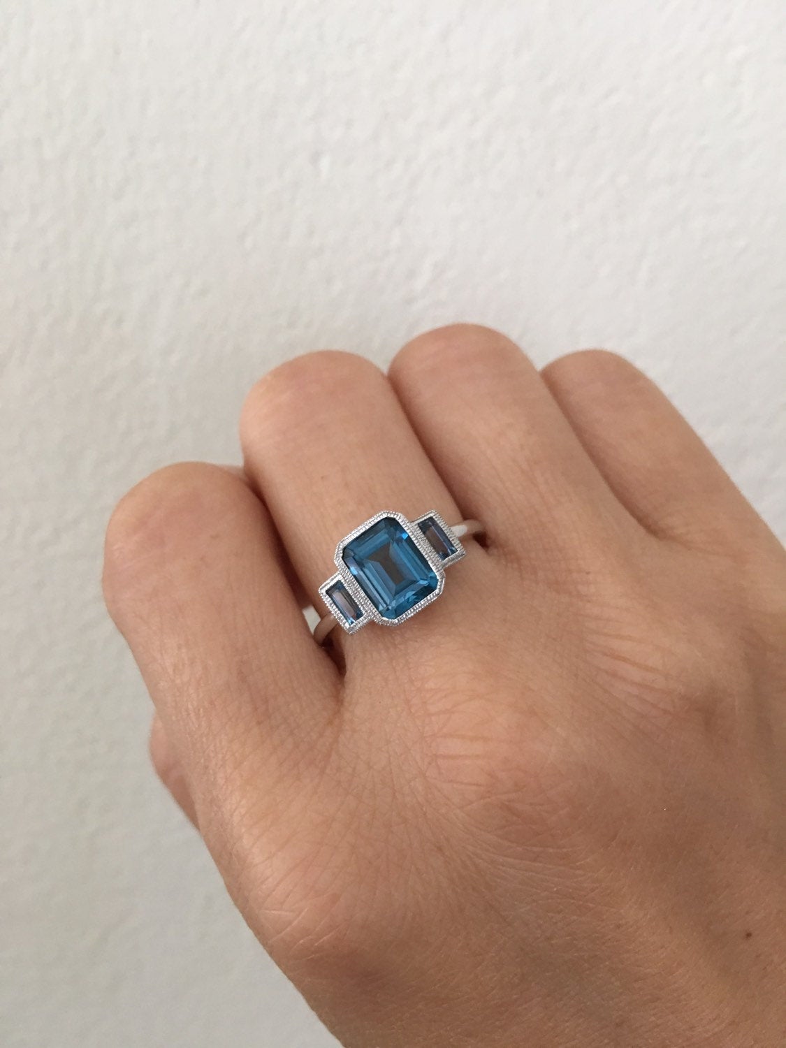 Charlotte Three Stone Ring, emerald cut ring, london blue topaz ring, blue stone wedding ring, classic engagement ring, aquamarine ring