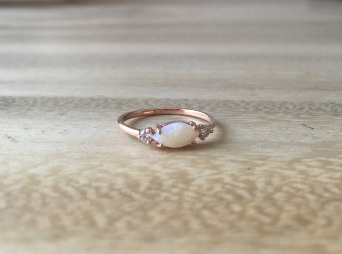 Twiggy ring, Sleek marquis opal ring, three stone ring, marquise opal and diamond ring, 14k gold opal ring