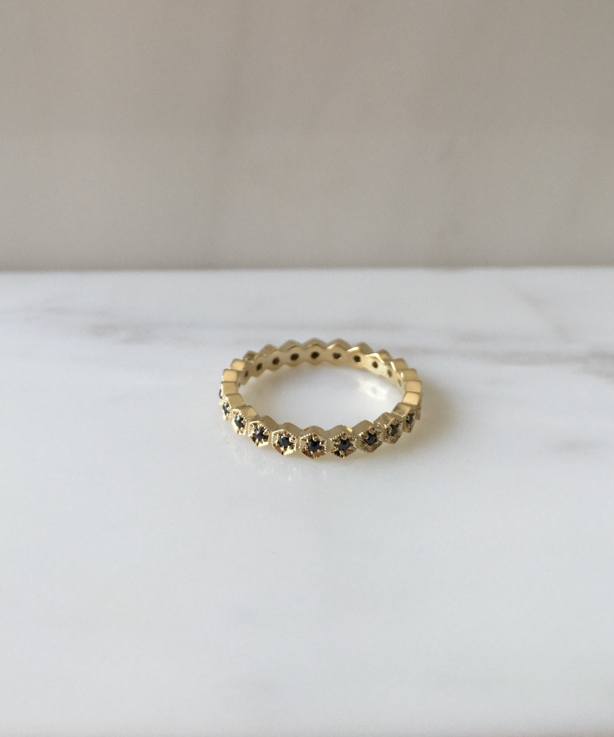 Hexagon Black Diamond Eternity Band, stacking band, wedding band, Geometric ring with black diamonds, infinity band, 14k gold band