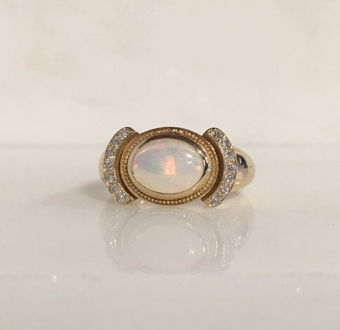 Aurora opal and diamond ring, opal and diamond ring, bezel opal ring, bezel ring, 14k gold opal ring, diamond accent ring