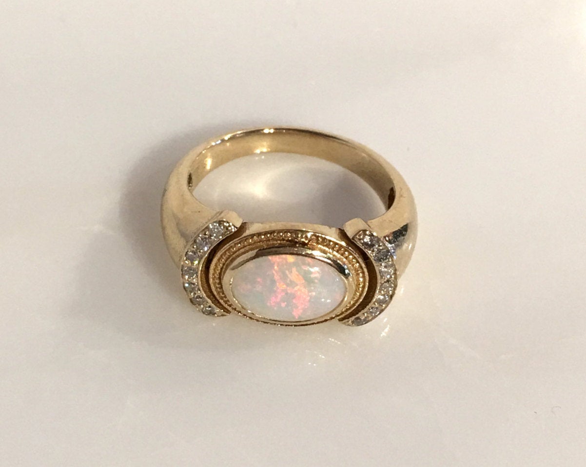 Aurora opal and diamond ring, opal and diamond ring, bezel opal ring, bezel ring, 14k gold opal ring, diamond accent ring