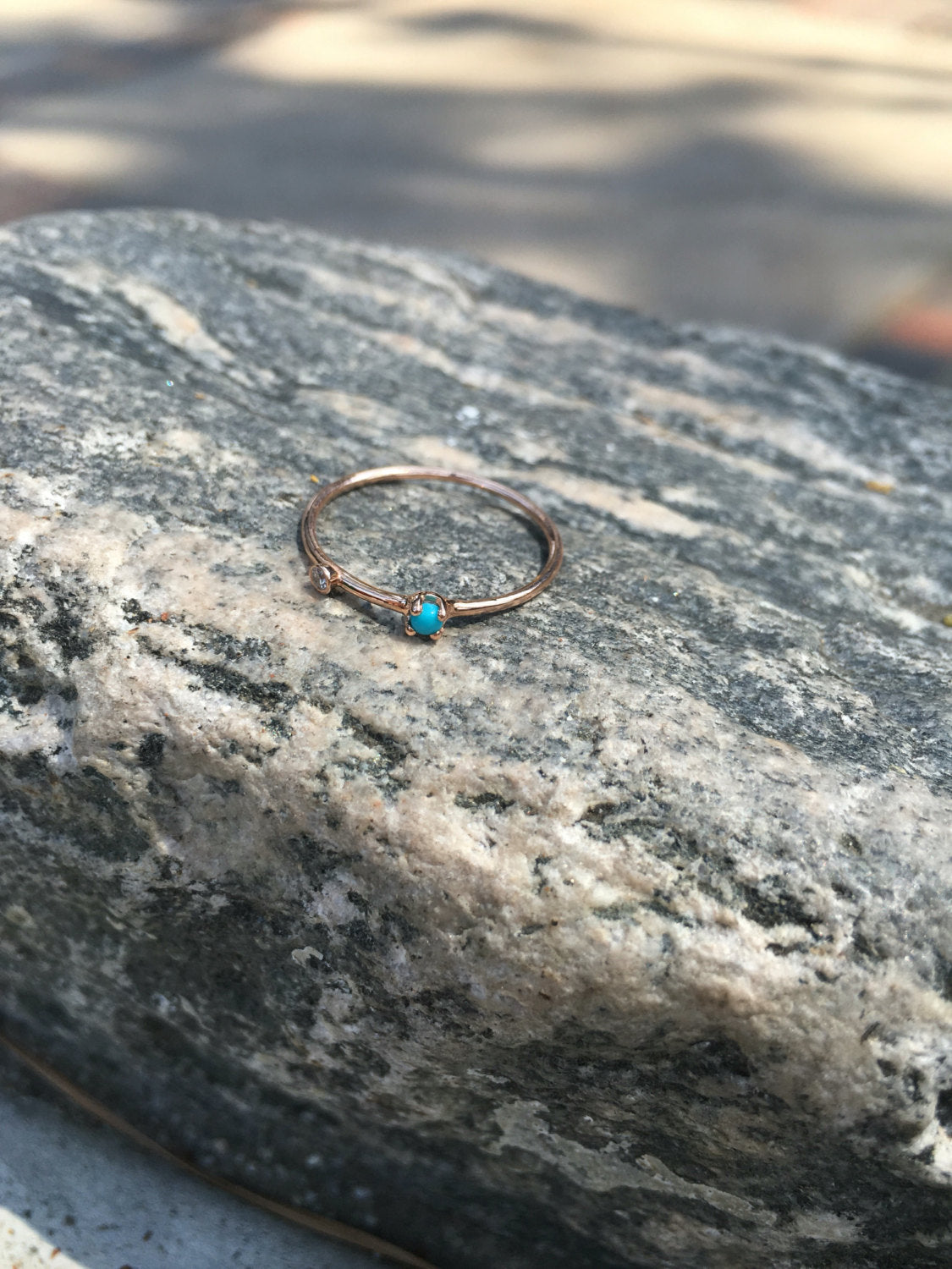 Turquoise Duet Ring (Small), 14k Diamond & turquoise Ring, Mini turquoise Ring, Two Stone Band, Stacking Band, Stacking Ring, 14k Gold Band