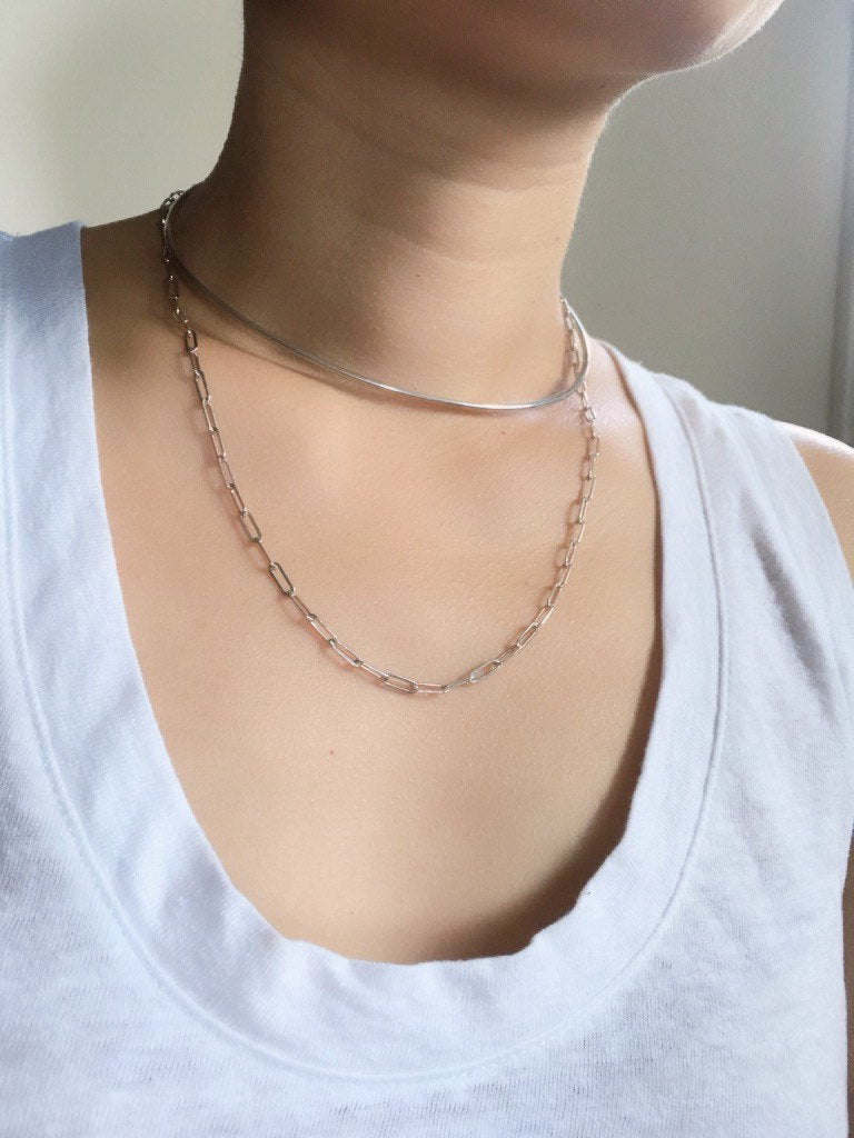 Layered Double Wire Choker, silver layered choker, silver chain and choker, Elongated Chain Choker