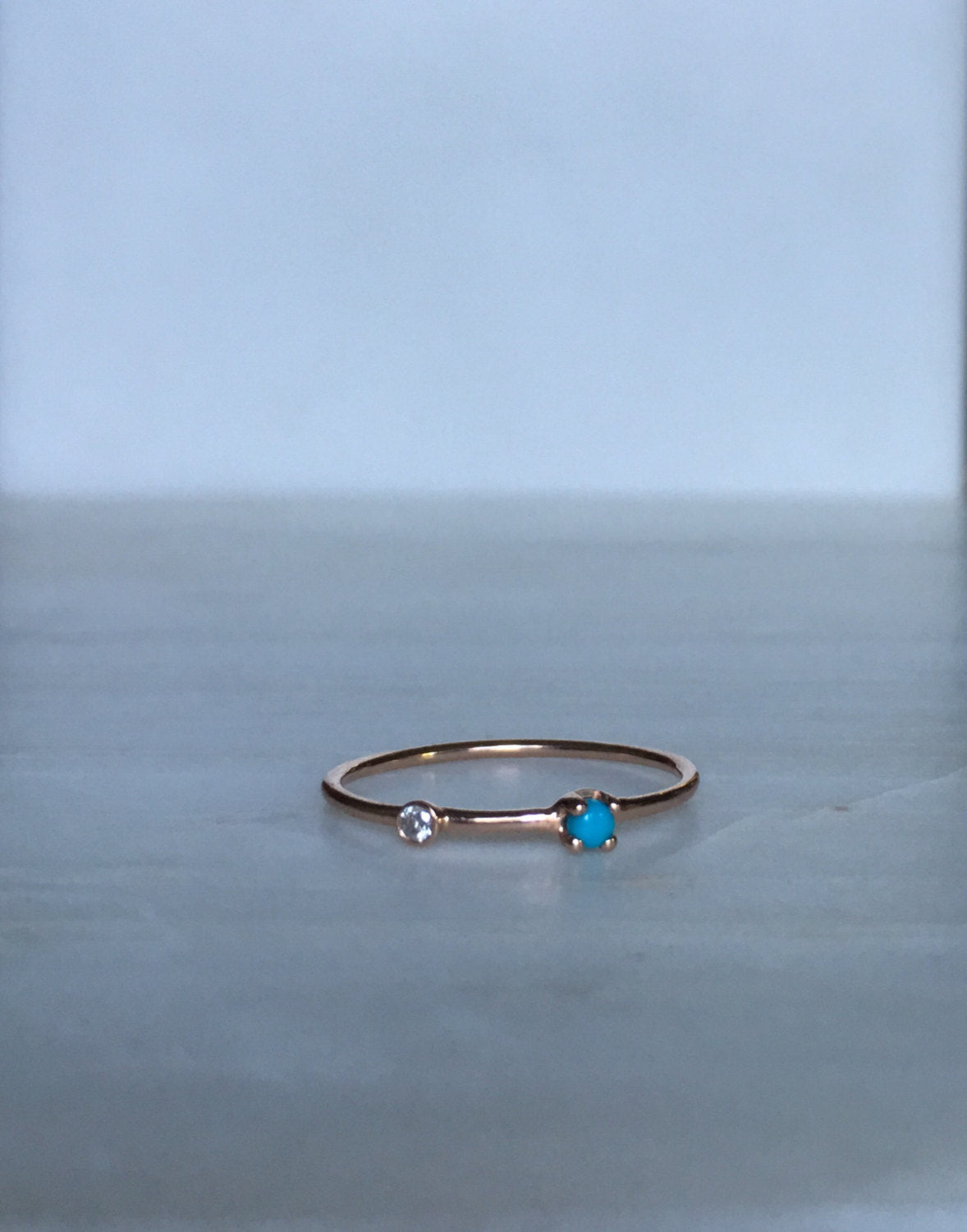 Turquoise Duet Ring (Small), 14k Diamond & turquoise Ring, Mini turquoise Ring, Two Stone Band, Stacking Band, Stacking Ring, 14k Gold Band