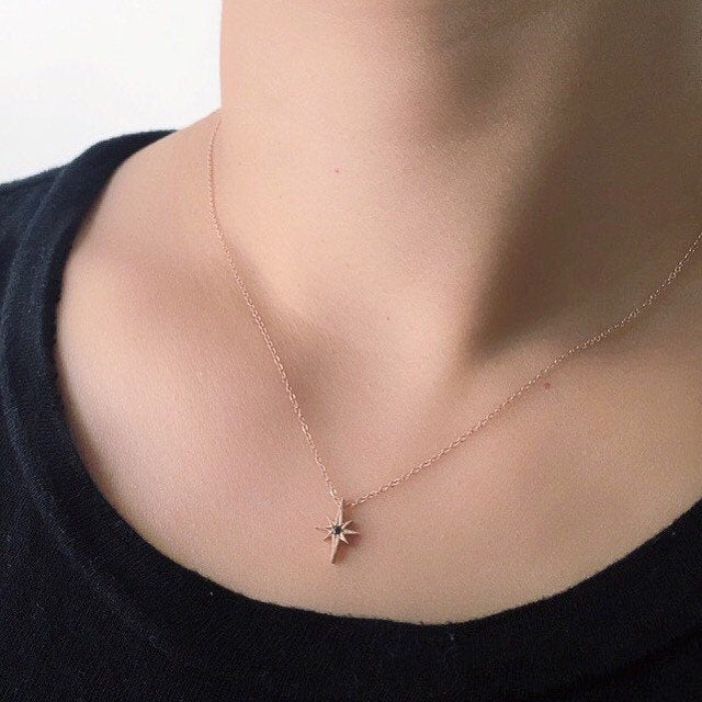 Polaris necklace, 14k star necklace, North star gold necklace, Star and diamond necklace