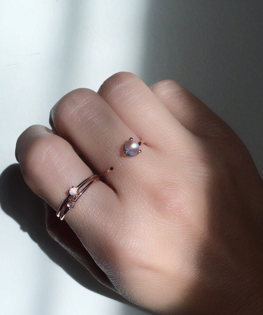 Mini moonstone ring, moonstone solitaire ring, 14k moonstone stackable ring, small round moonstone ring, mini moonstone bezel ring