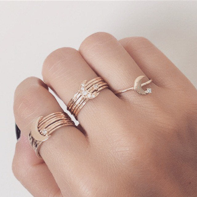 Diamond crescent moon stacking ring, Crescent moon ring set, Moon Rings, Gold Crescent Ring