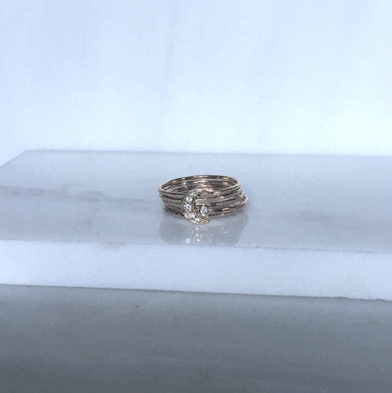 Diamond crescent moon stacking ring, Crescent moon ring set, Moon Rings, Gold Crescent Ring