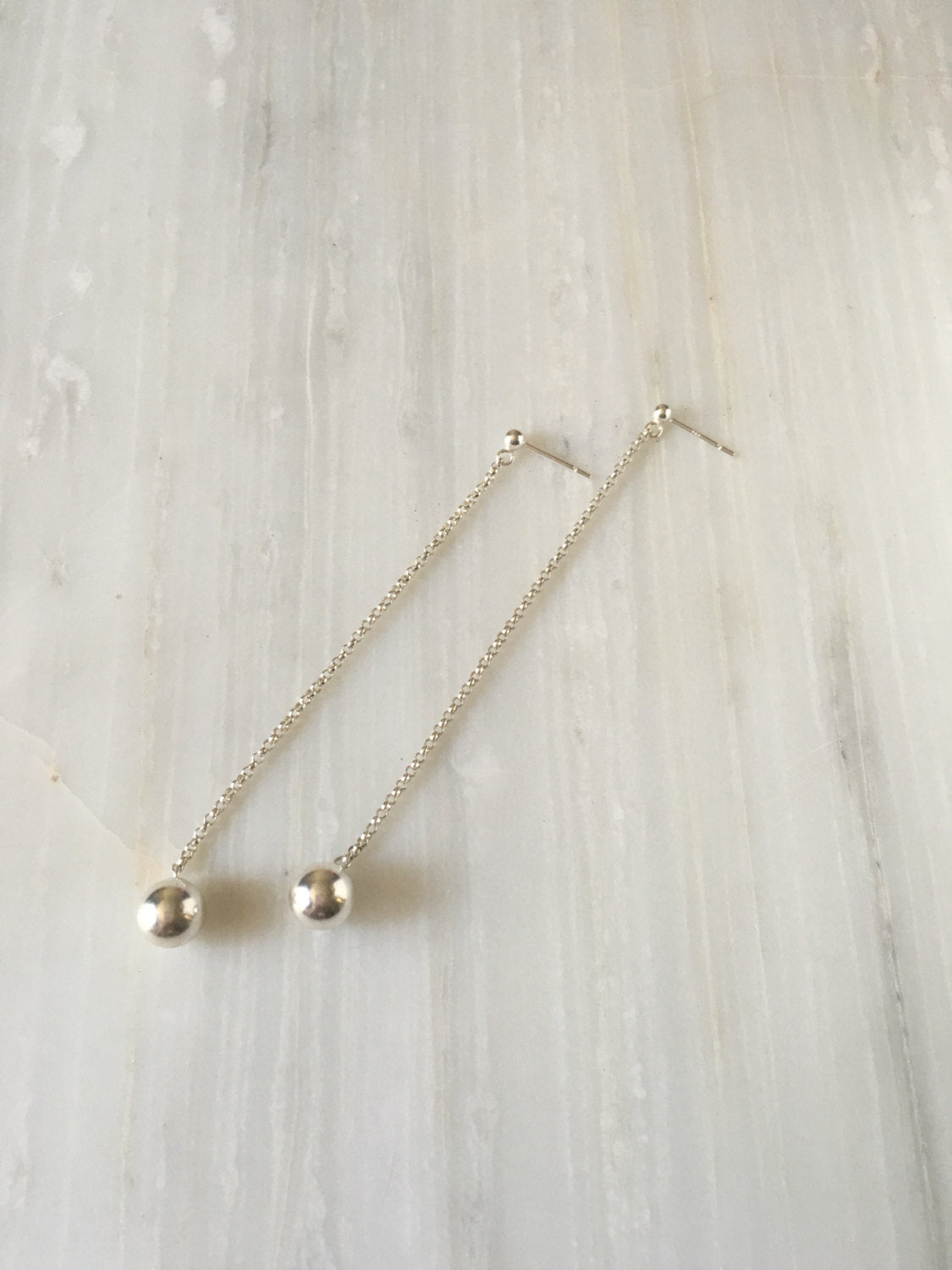 Pendulum earrings, silver ball earrings, shoulder dusting silver ball earrings, long ball earrings, chain earrings