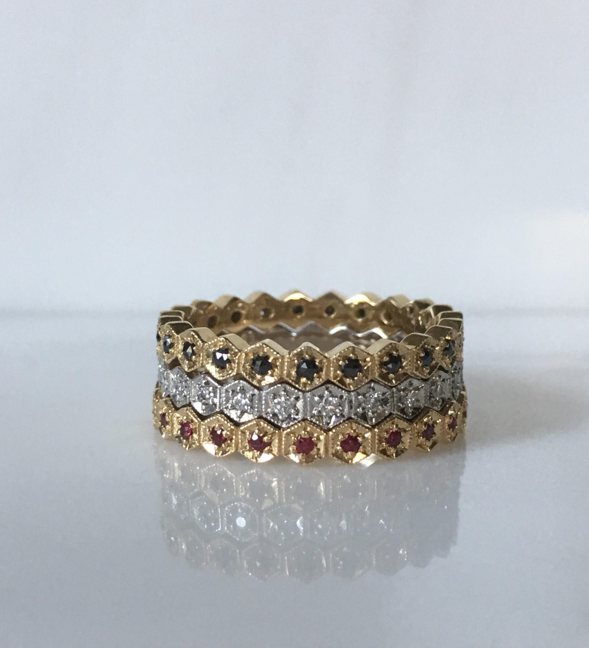 Hexagon Black Diamond Eternity Band, stacking band, wedding band, Geometric ring with black diamonds, infinity band, 14k gold band