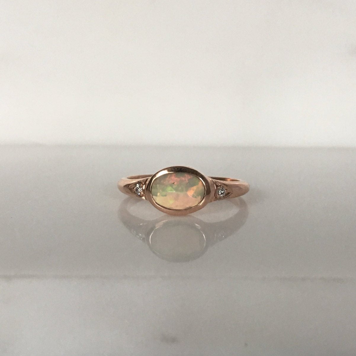 Opal Signet Ring, three stone opal ring, opal and diamond ring, 14k gold bold opal ring, oval opal ring, oval bezel opal ring