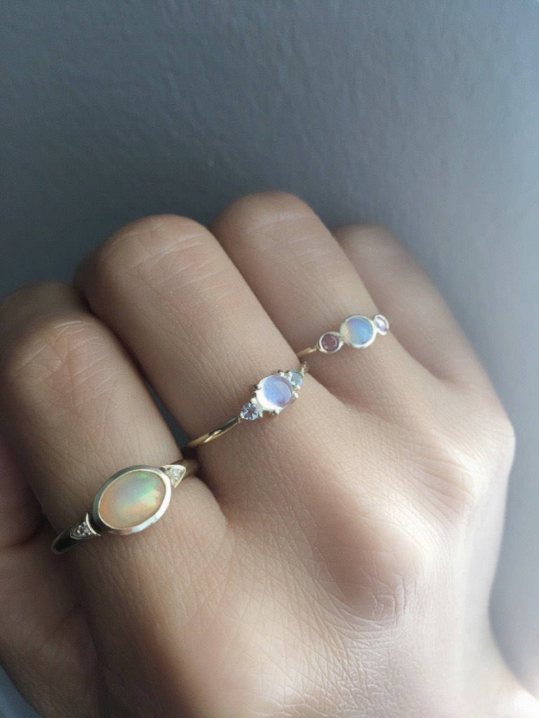 Penny Moonstone three stone ring, three stone ring, moonstone and aquamarine ring, 14k gold rainbow moonstone ring, 3 stone moonstone ring