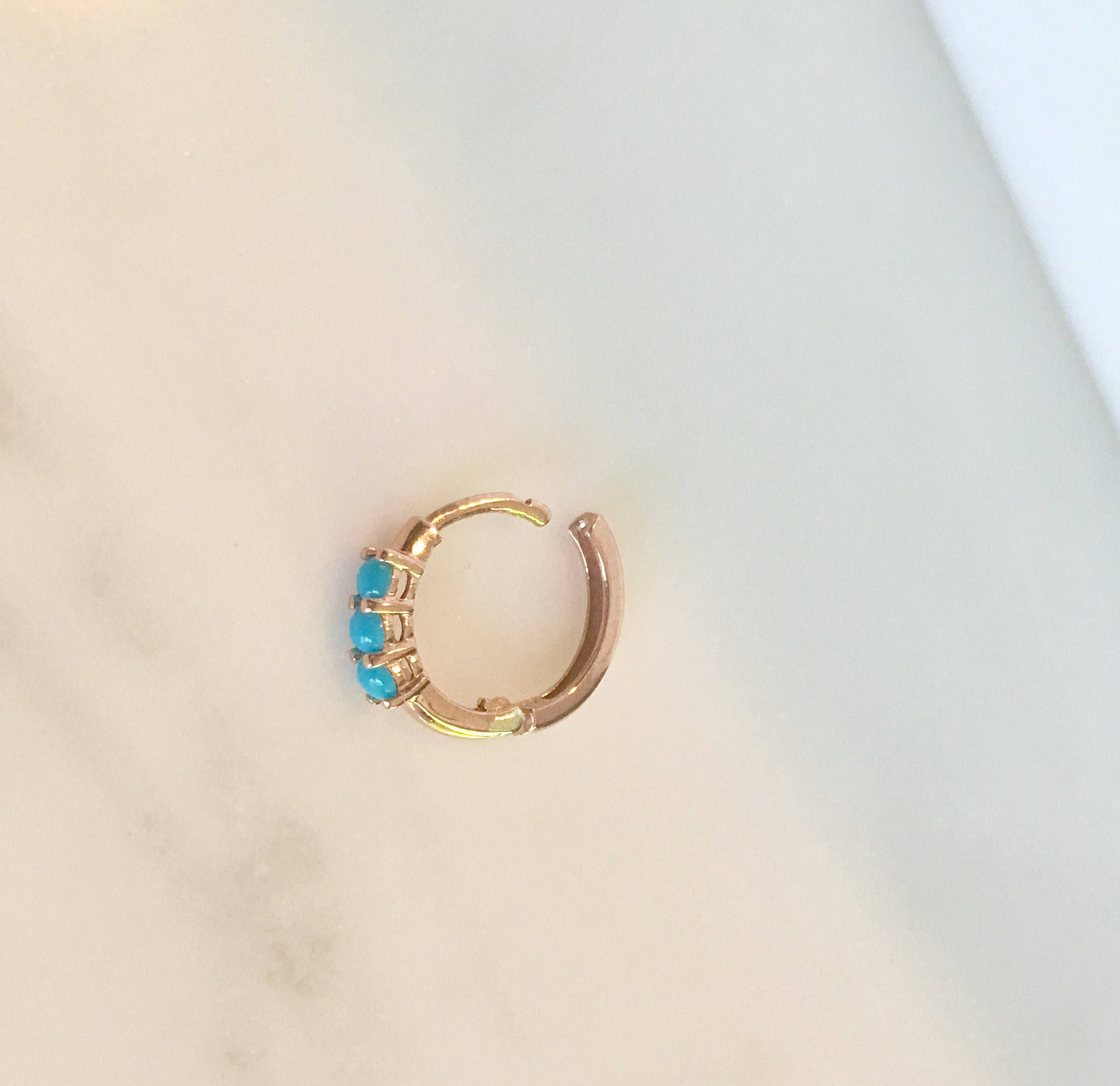 Turquoise gold hoop, small 14k gold hoop, small three stone turquoise gold hoop, gold hoops, turquoise gold huggie, turquoise earring