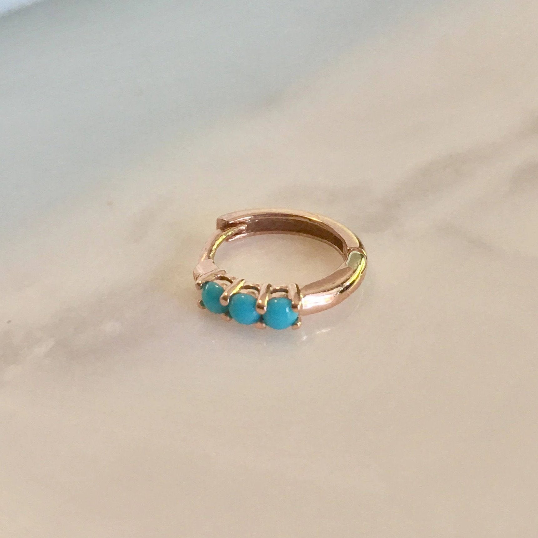 Turquoise gold hoop, small 14k gold hoop, small three stone turquoise gold hoop, gold hoops, turquoise gold huggie, turquoise earring