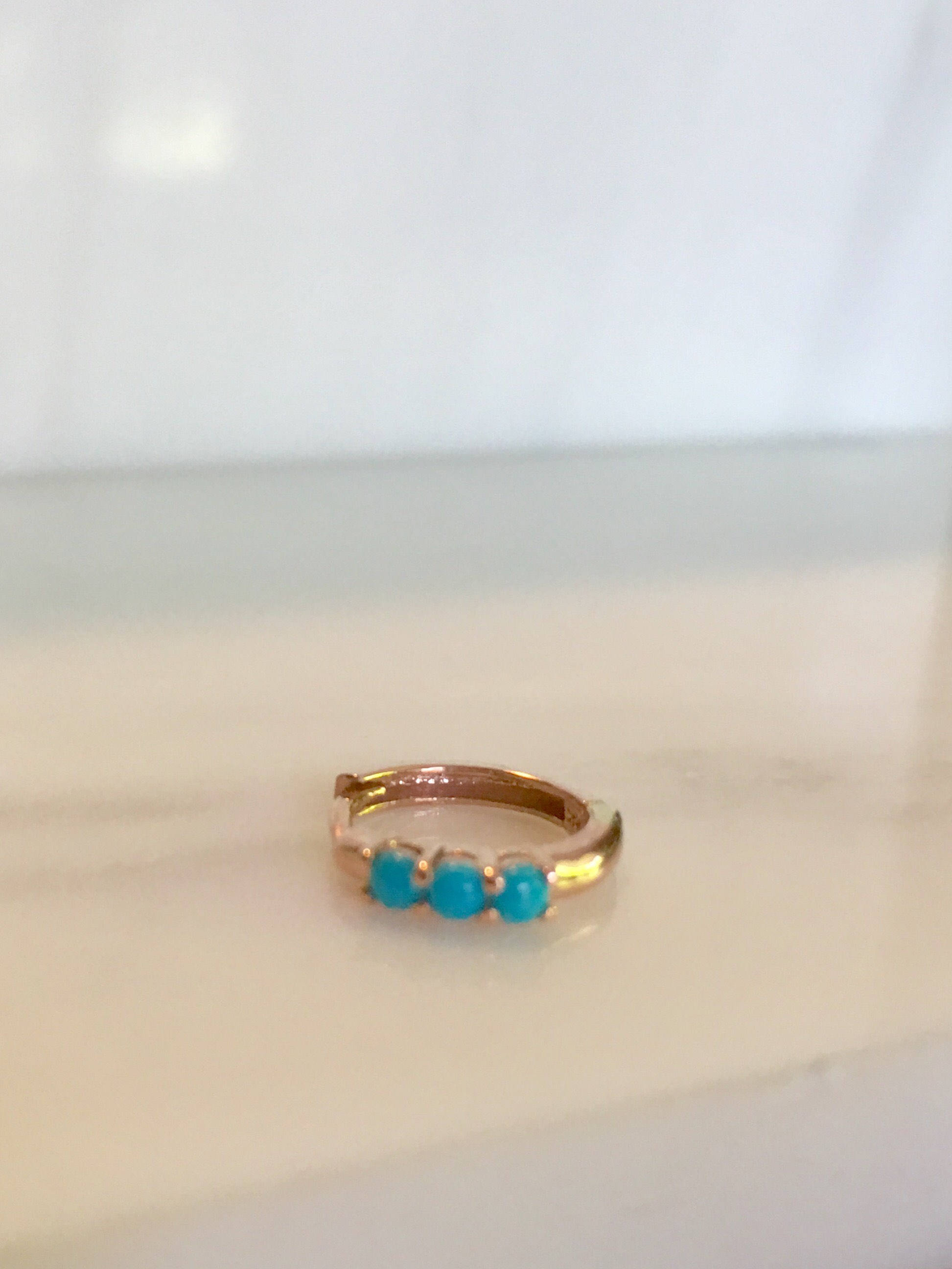 Turquoise gold hoop, small 14k gold hoop, small three stone turquoise gold hoop, gold hoops, turquoise gold huggie, turquoise earring