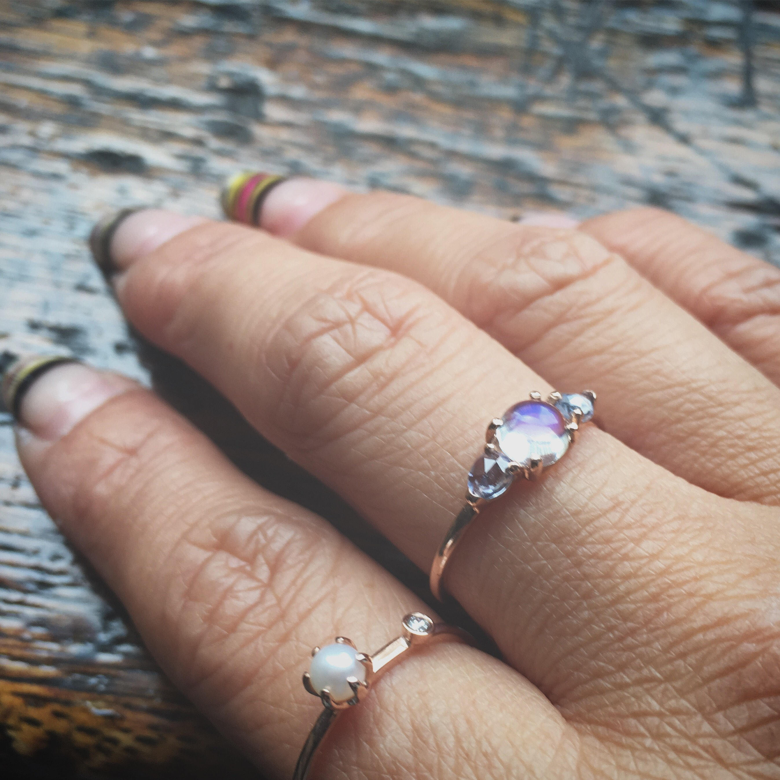 Penelope Moonstone ring, Moonstone and  rosecut sapphire ring, 3 stone ring, 14k gold rainbow moonstone ring