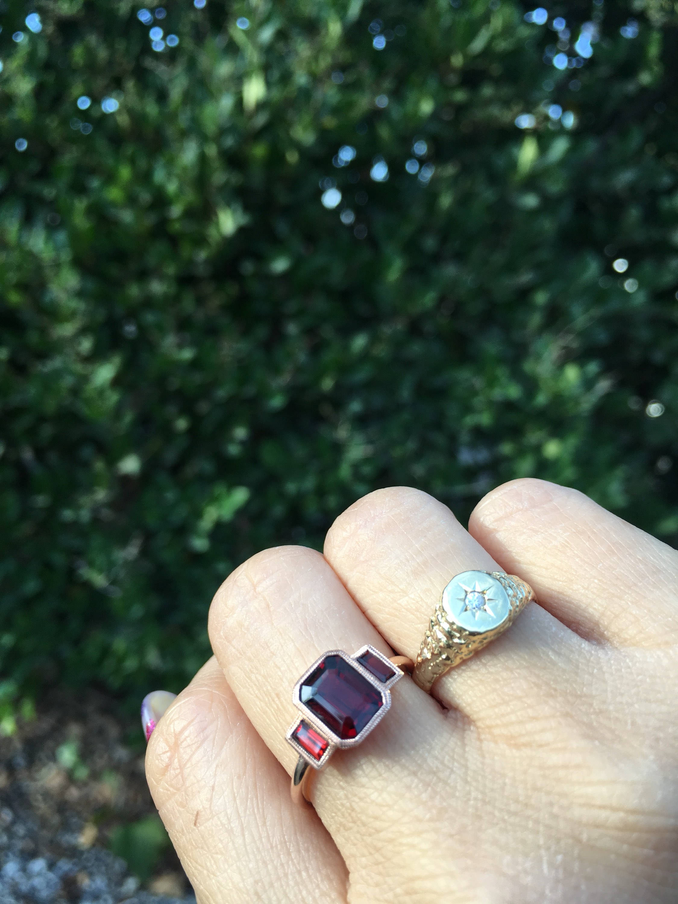 Charlotte Three Stone Ring, garnet emerald cut ring, garnet ring, deep red stone wedding ring, classic engagement ring