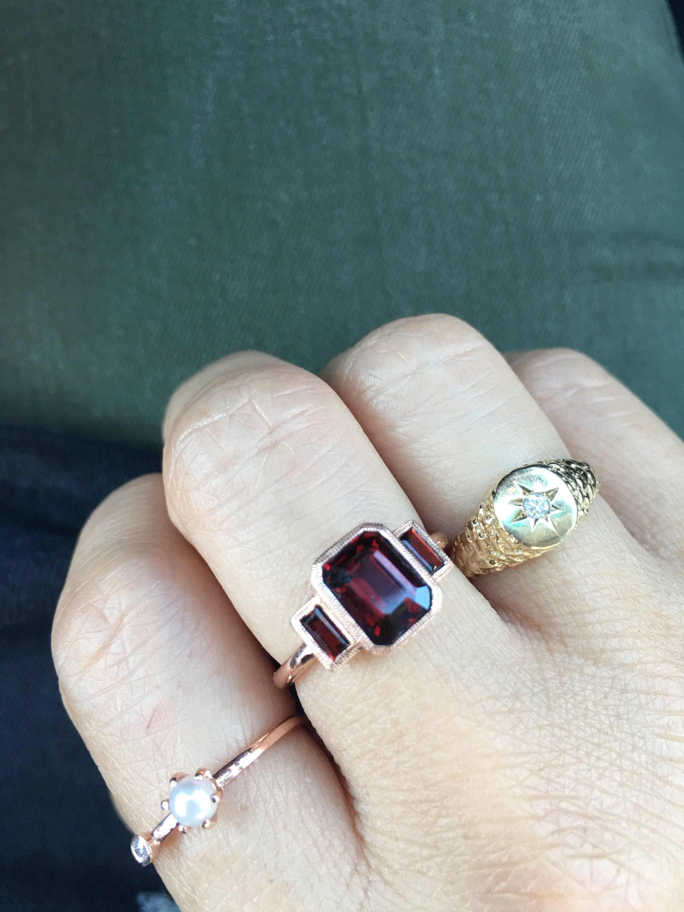 Charlotte Three Stone Ring, garnet emerald cut ring, garnet ring, deep red stone wedding ring, classic engagement ring