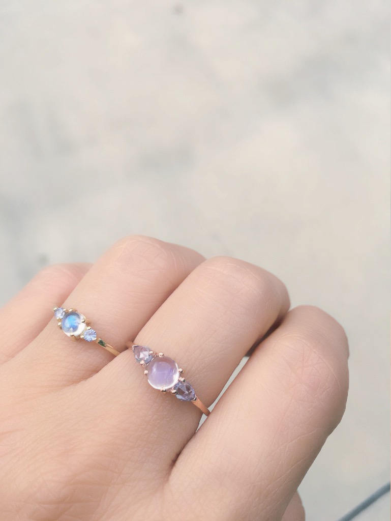 Penelope Moonstone ring, Moonstone and  rosecut sapphire ring, 3 stone ring, 14k gold rainbow moonstone ring