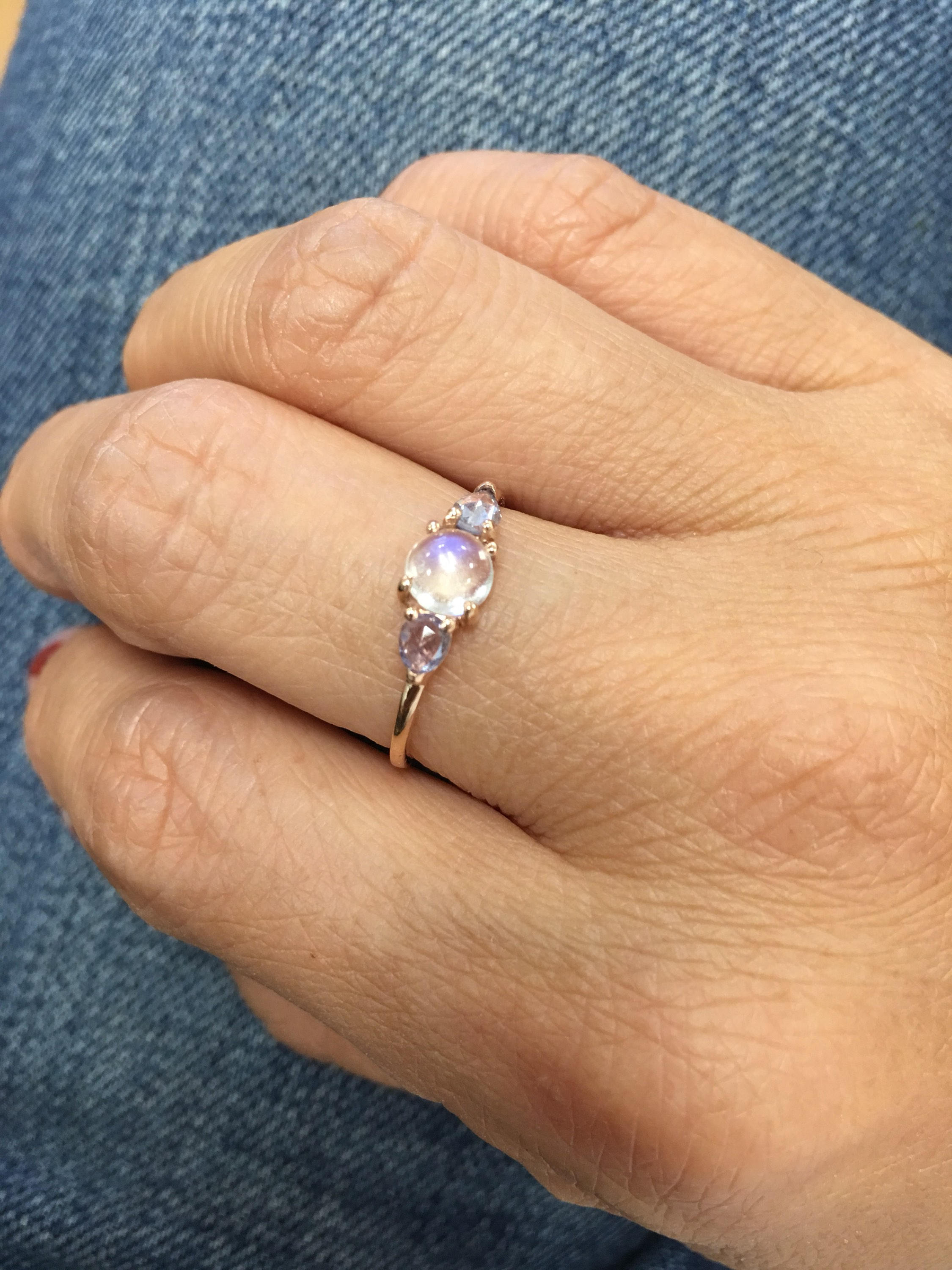 Penelope Moonstone ring, Moonstone and  rosecut sapphire ring, 3 stone ring, 14k gold rainbow moonstone ring