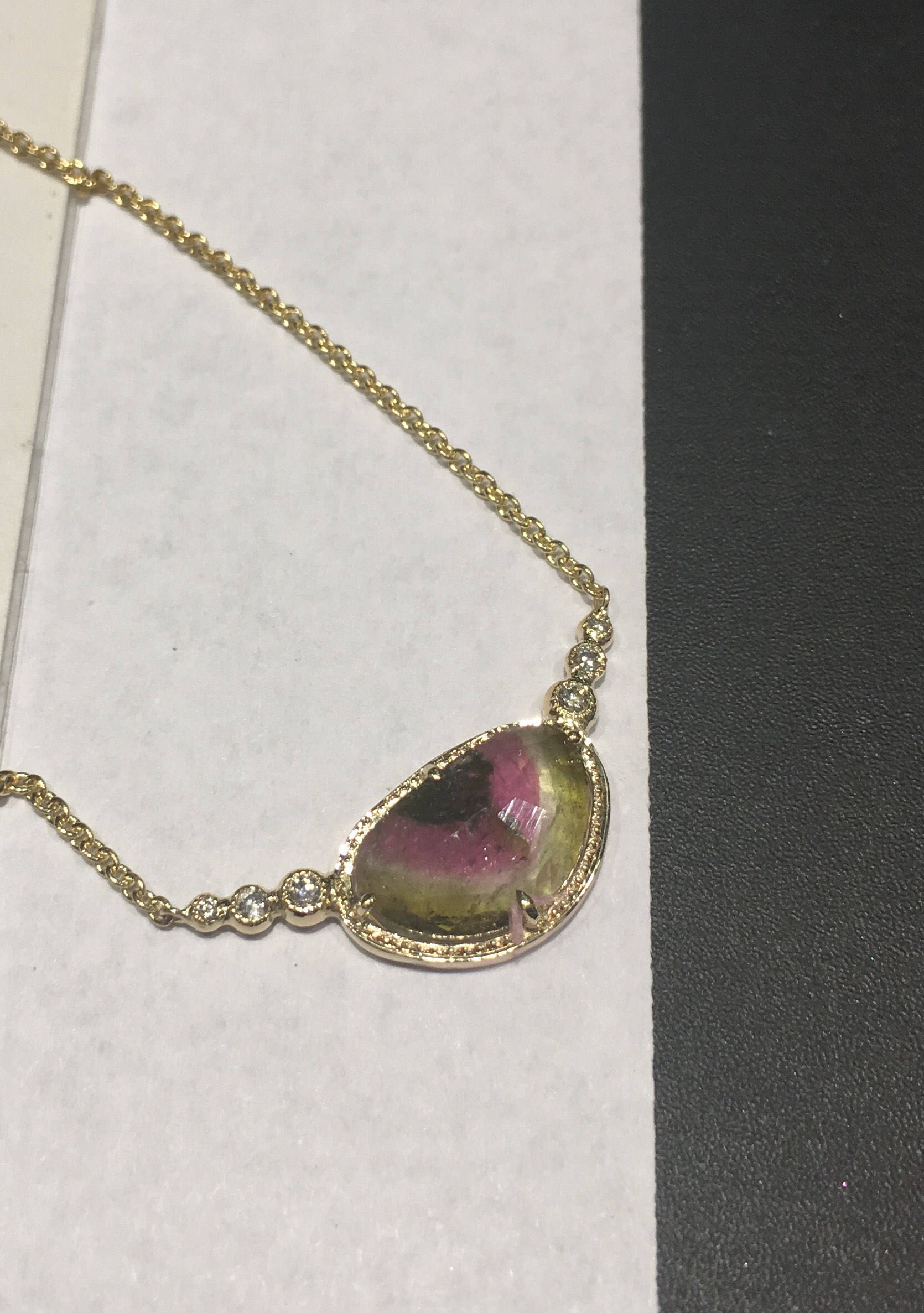 Ellipsis Watermelon tourmaline and Diamond Necklace, One of a kind unique gold tourmaline slice Necklace, pink and green tourmaline Necklace