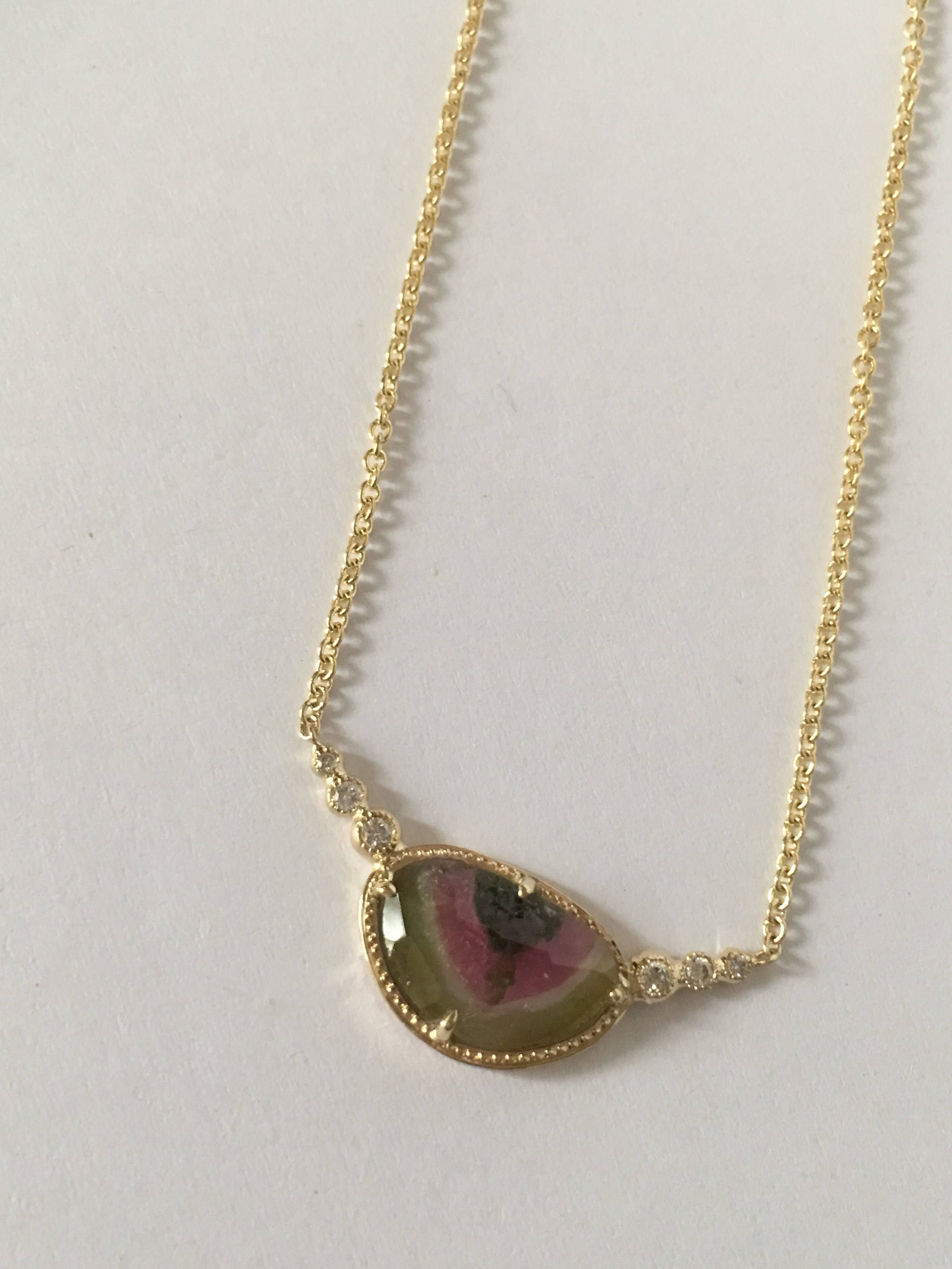 Ellipsis Watermelon tourmaline and Diamond Necklace, One of a kind unique gold tourmaline slice Necklace, pink and green tourmaline Necklace