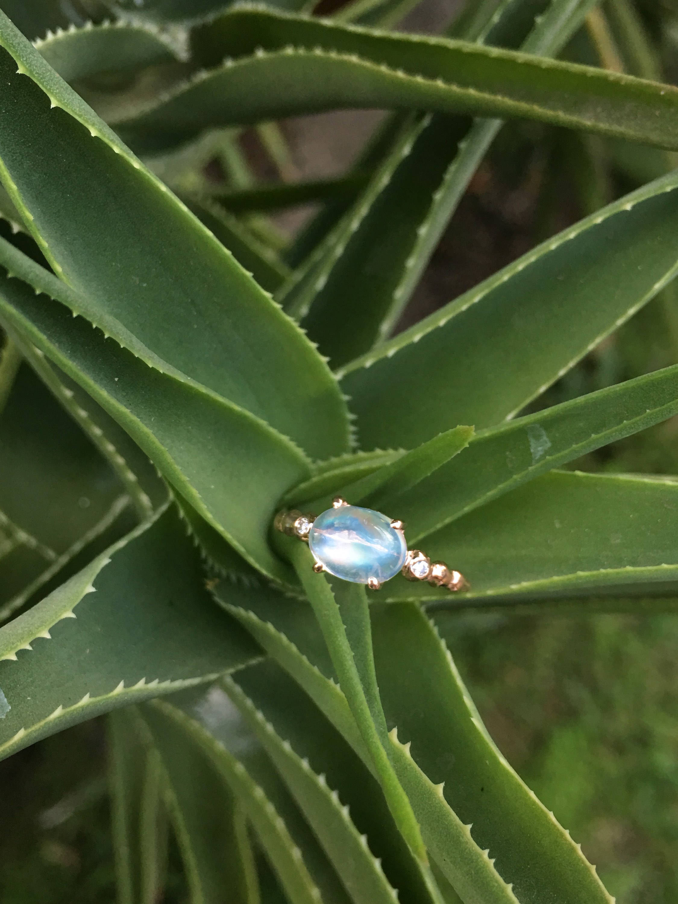 Ellipsis Oval Moonstone ring, three stone ring, Moonstone and diamond ring, 14k gold Moonstone ring