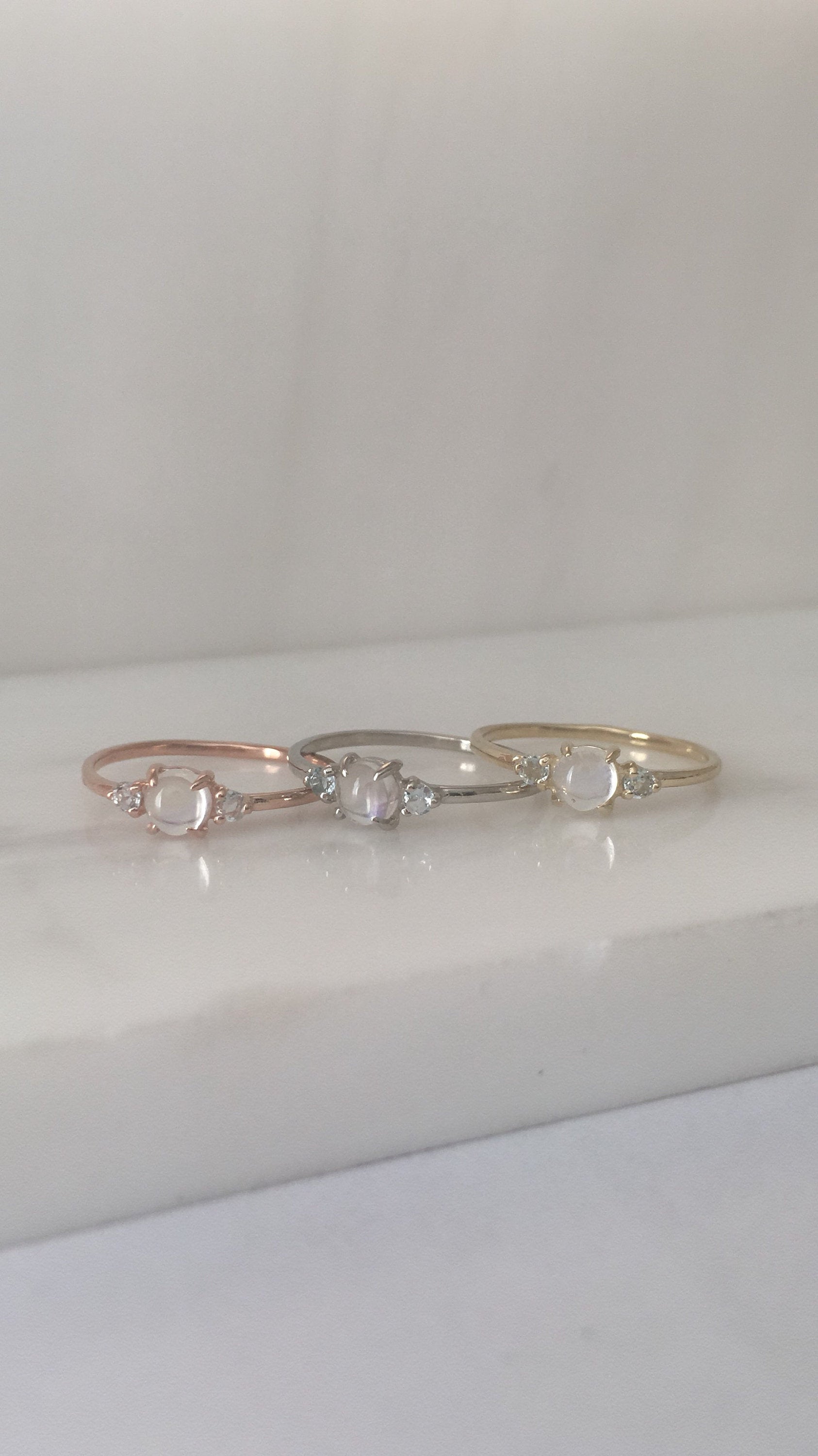 Penny Moonstone three stone ring, three stone ring, moonstone and aquamarine ring, 14k gold rainbow moonstone ring, 3 stone moonstone ring