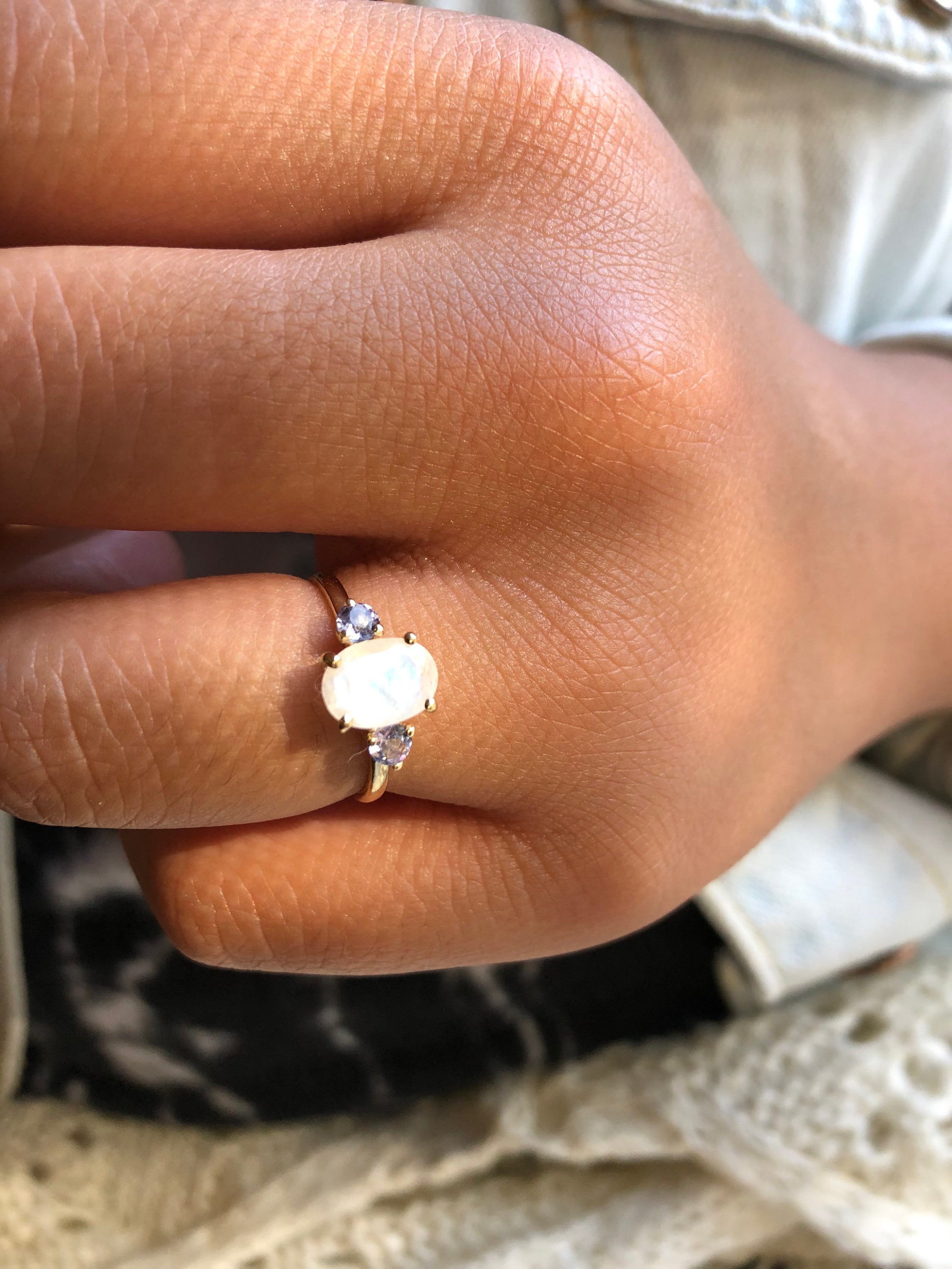 Oval moonstone ring, three stone ring, moonstone and tanzanite ring, 14k gold moonstone ring, north south ring