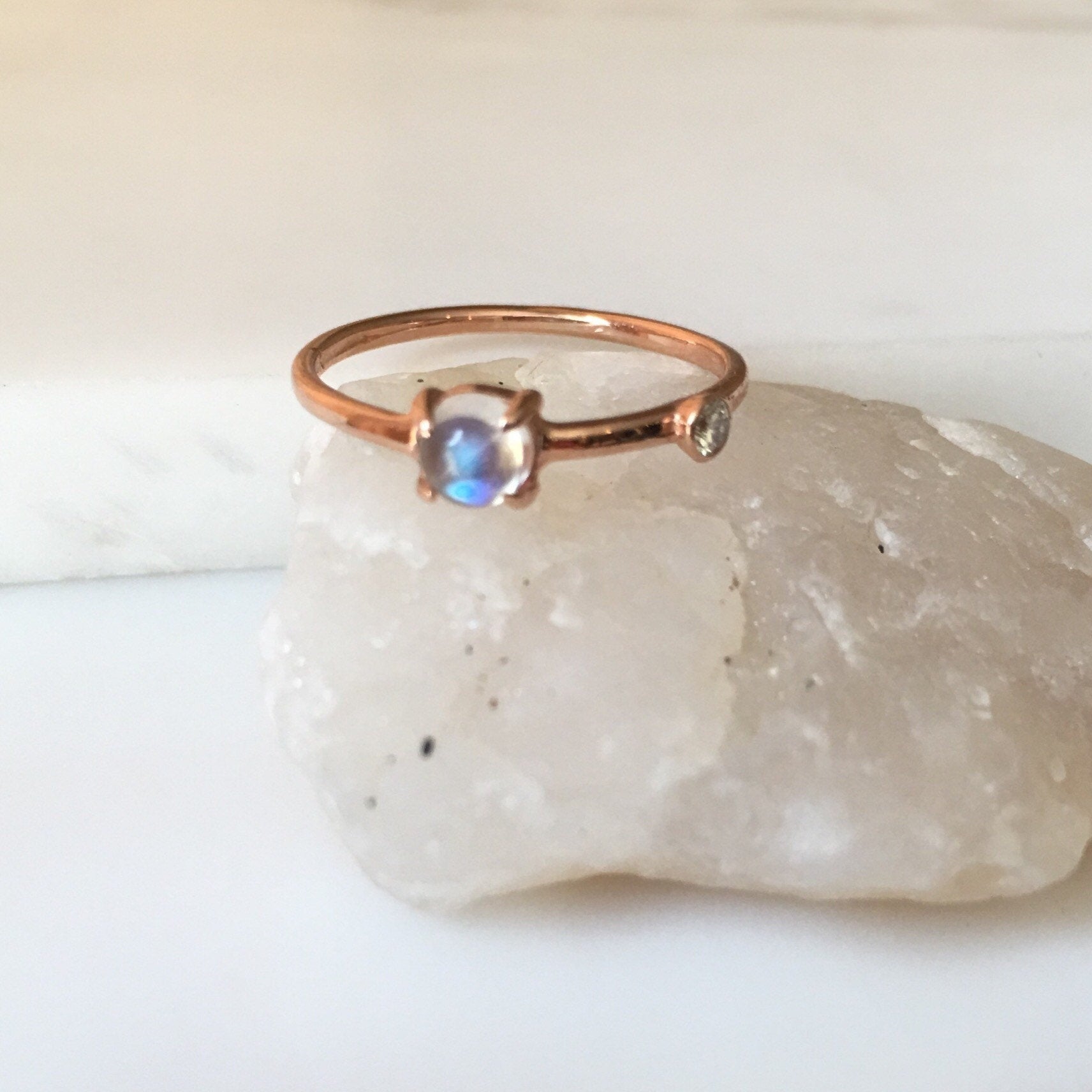 Moonstone Duet Ring (Medium), moonstone and diamond ring, gold rainbow moonstone ring, stacking ring, two stone band, promise ring, gold