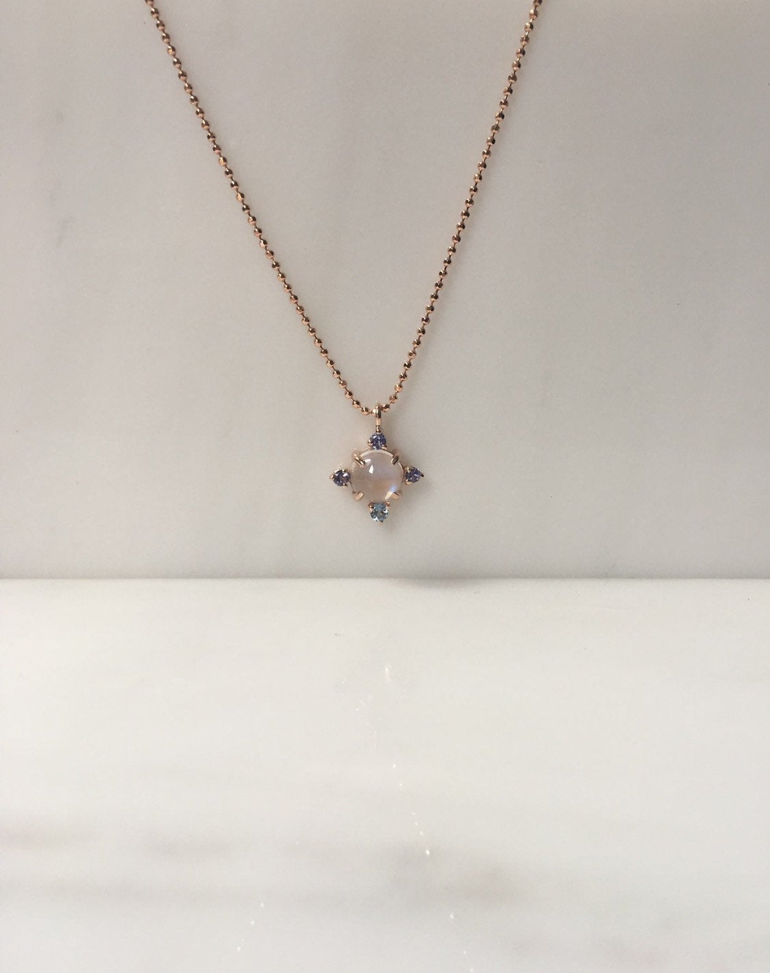 Compass Moonstone Necklace, round moonstone aquamarine iolite & tanzanite necklace, 14k gold moonstone cross necklace, pendant necklace