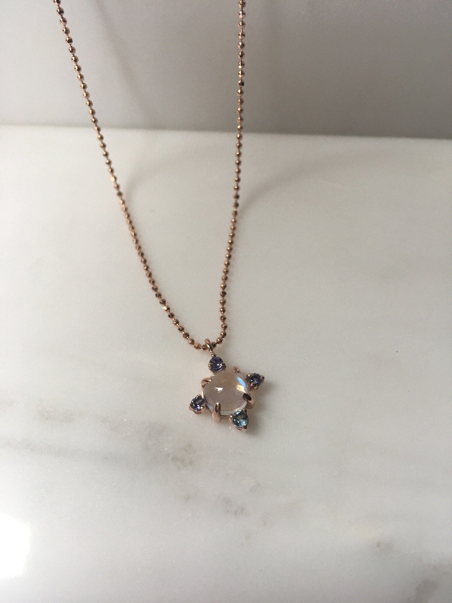 Compass Moonstone Necklace, round moonstone aquamarine iolite & tanzanite necklace, 14k gold moonstone cross necklace, pendant necklace