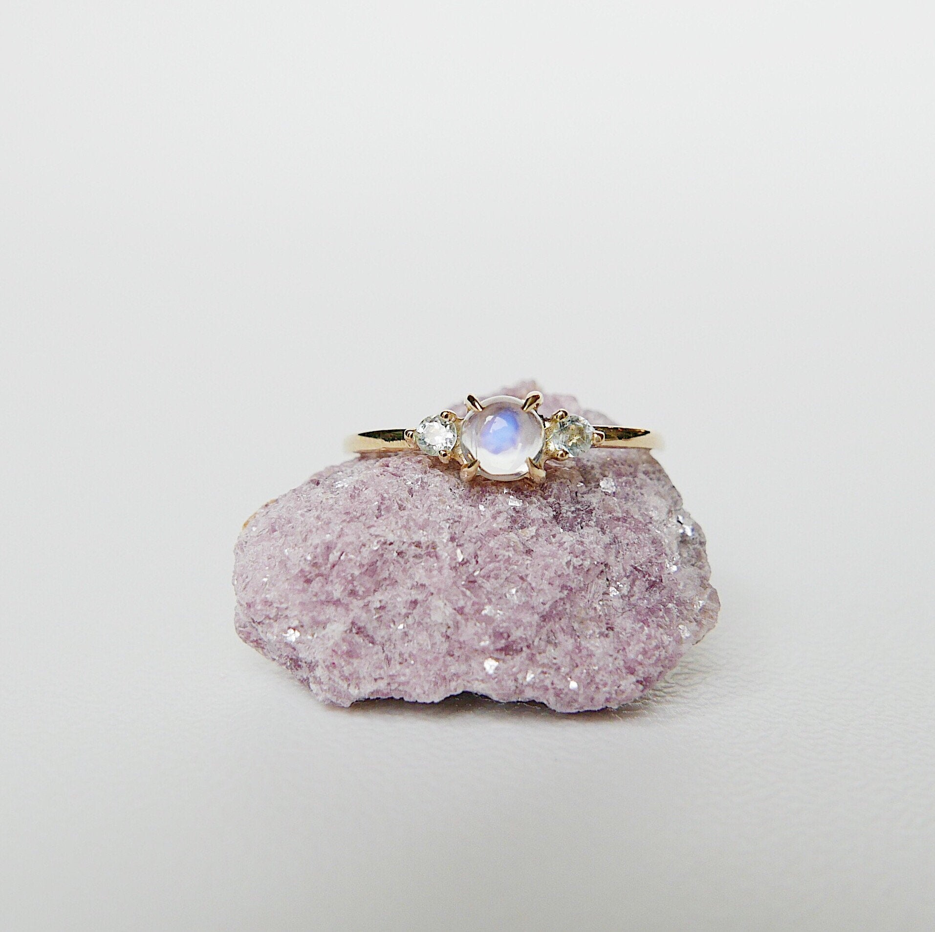 Penny Moonstone three stone ring, three stone ring, moonstone and aquamarine ring, 14k gold rainbow moonstone ring, 3 stone moonstone ring